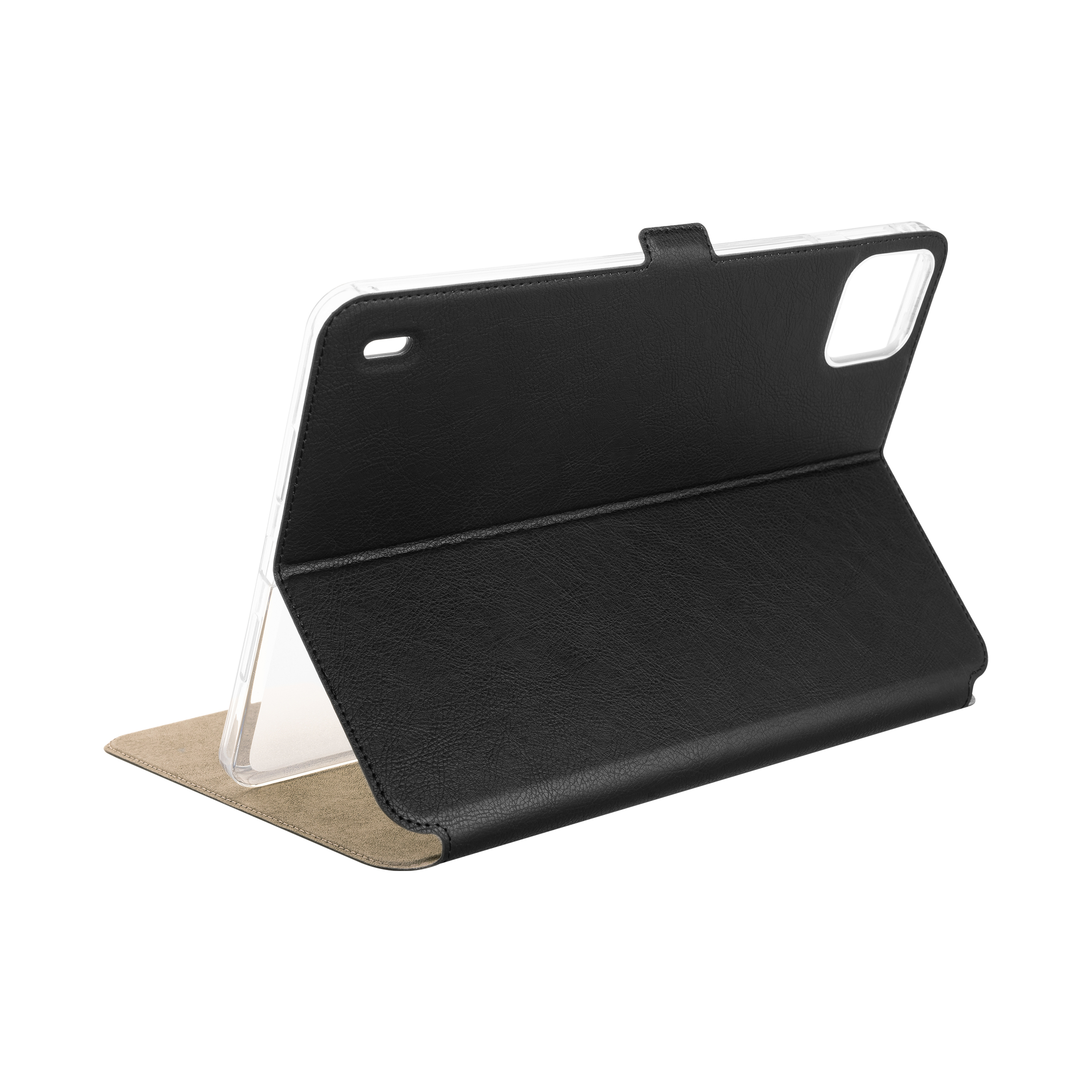 Custodia nera per tablet con supporto pieghevole e guscio trasparente su sfondo bianco.