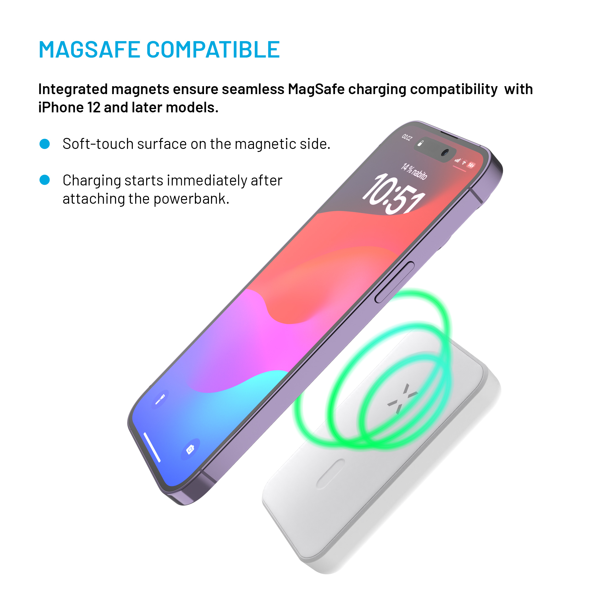 MagSafe-Powerbank lädt magnetisch ein iPhone mit grünen Ladewellen und beschreibendem Text an der Seite.