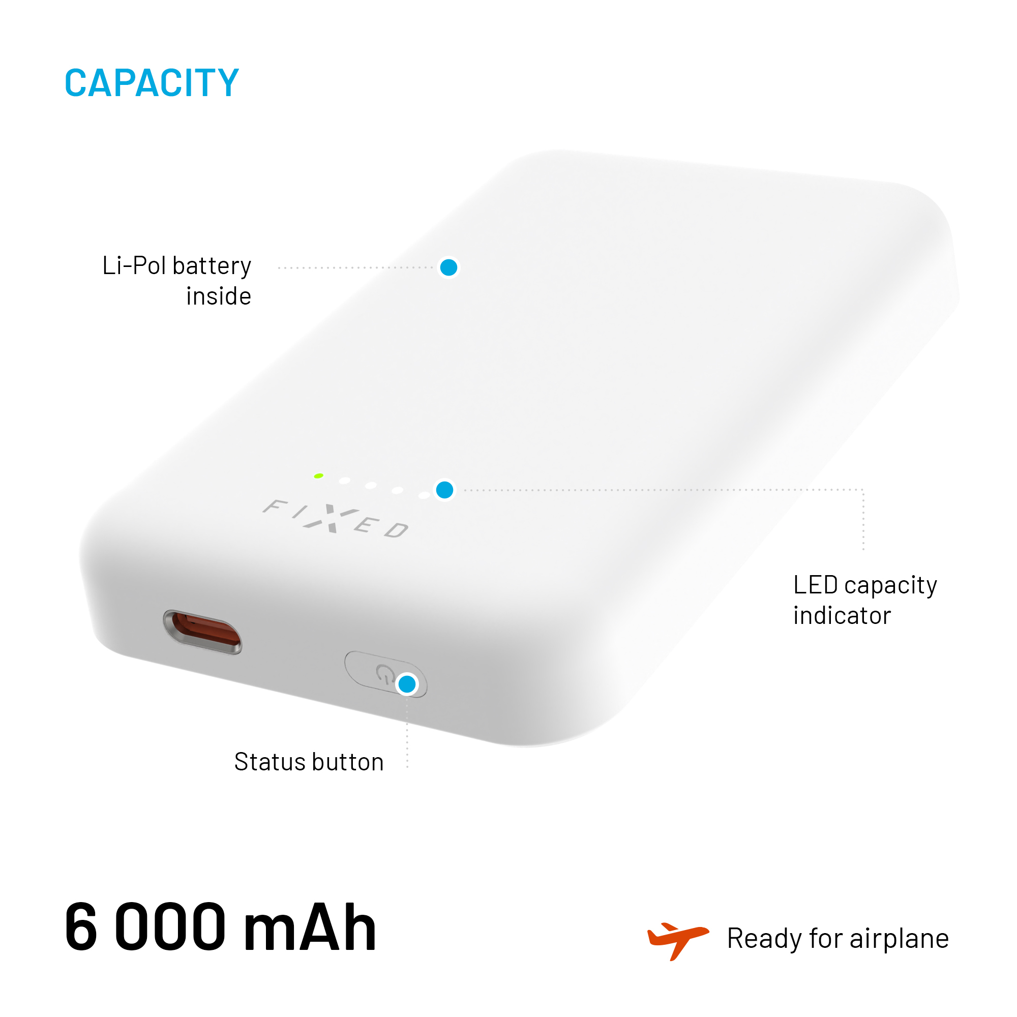 Weiße 6000 mAh Powerbank mit Statusknopf, LED-Anzeige und Flugzeug-Symbol.