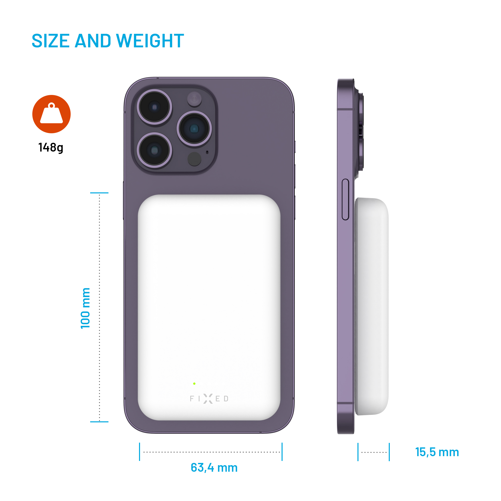 Diagramm zeigt Abmessungen und Gewicht von 148g einer Powerbank an einem lila Smartphone.