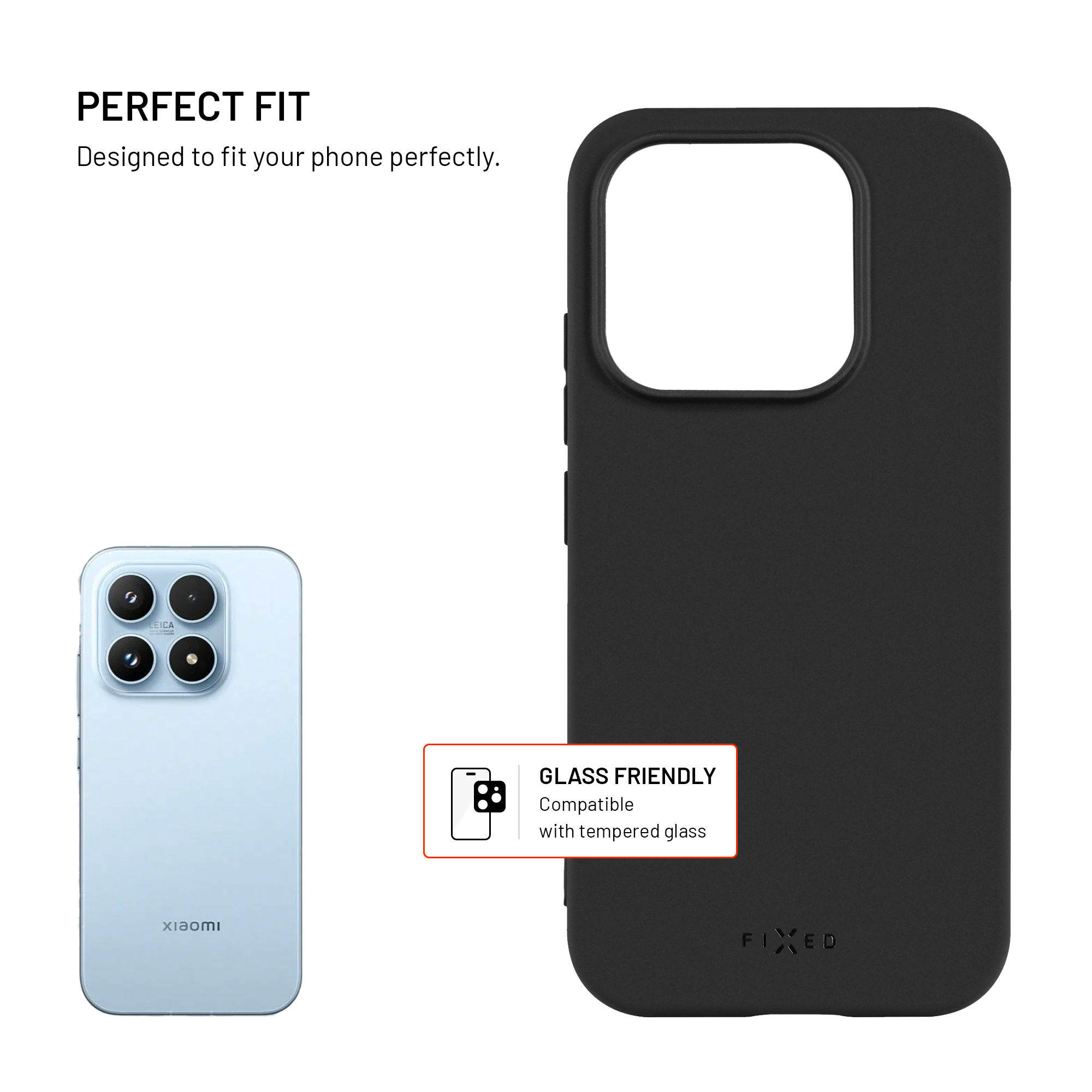 Eine schwarze Handytasche neben einem hellblauen Xiaomi Handy mit Text zur Passform und Glasverträglichkeit.