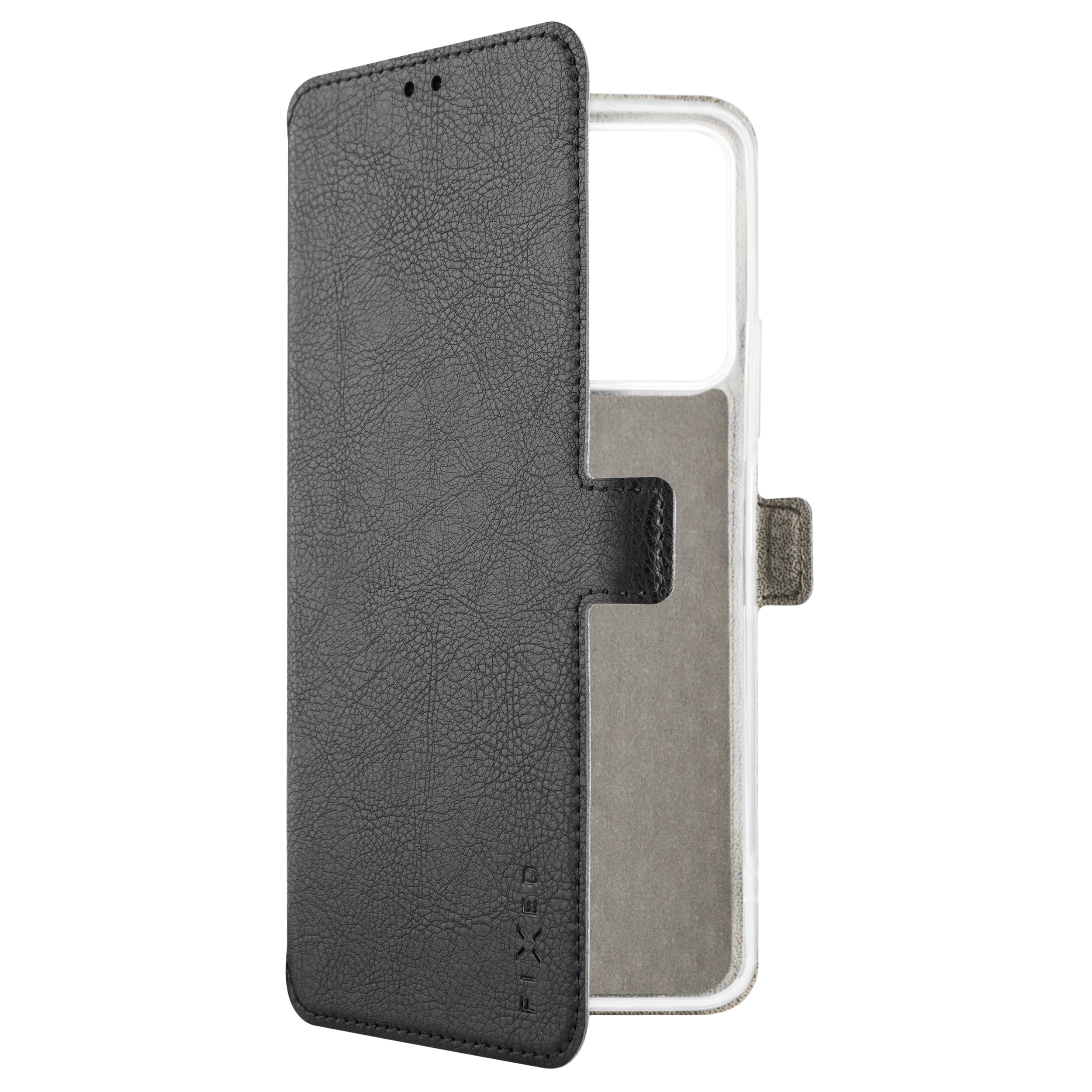 Schwarze Leder-Handy-Flip-Hülle auf weißem Hintergrund.