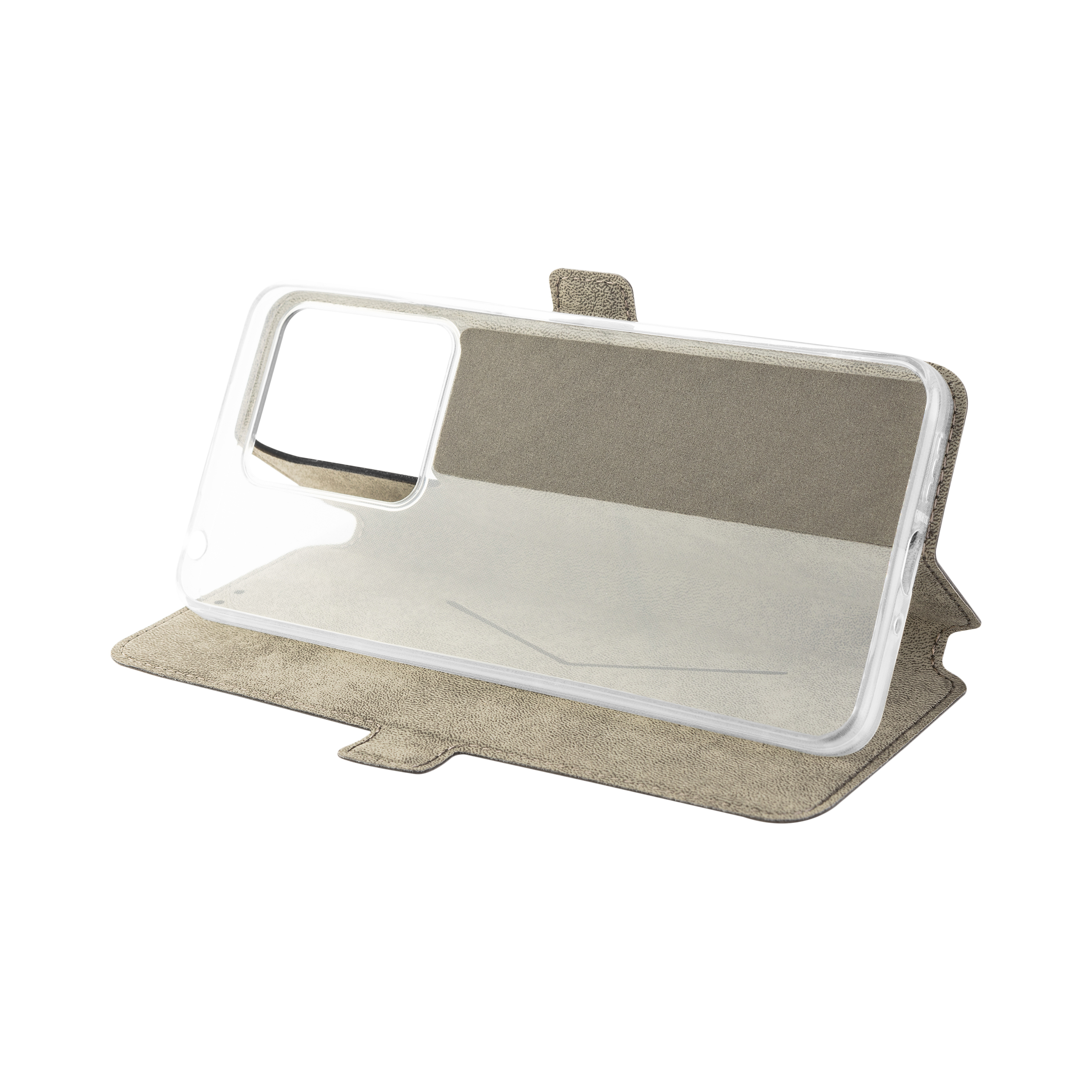 Beige Kunstleder-Handyhülle mit transparenter Silikonschale im Querformat gegen einen weißen Hintergrund.