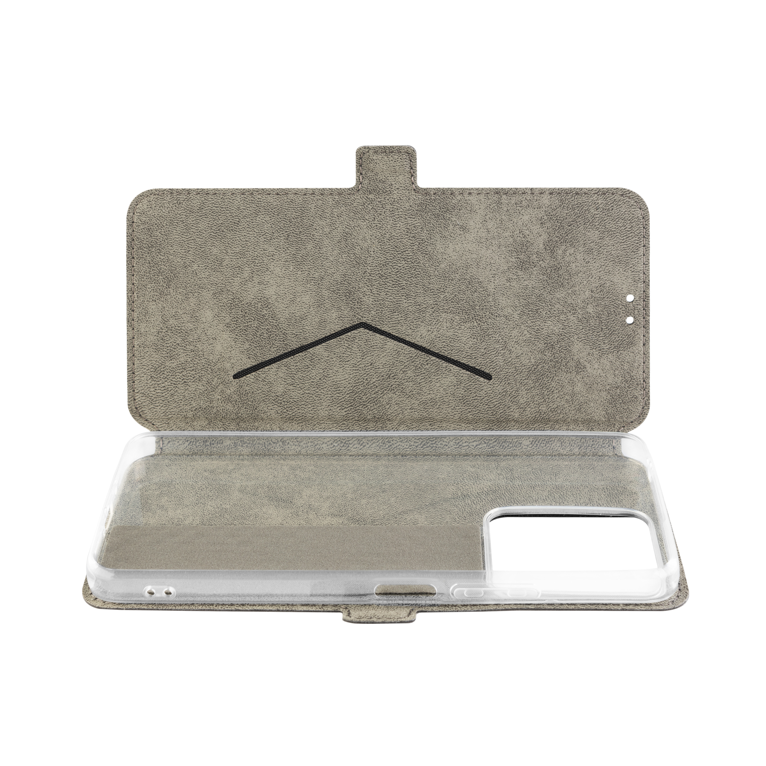 Graue geöffnete Smartphone-Klapphülle mit transparenter Innenschale und Kartenfach.