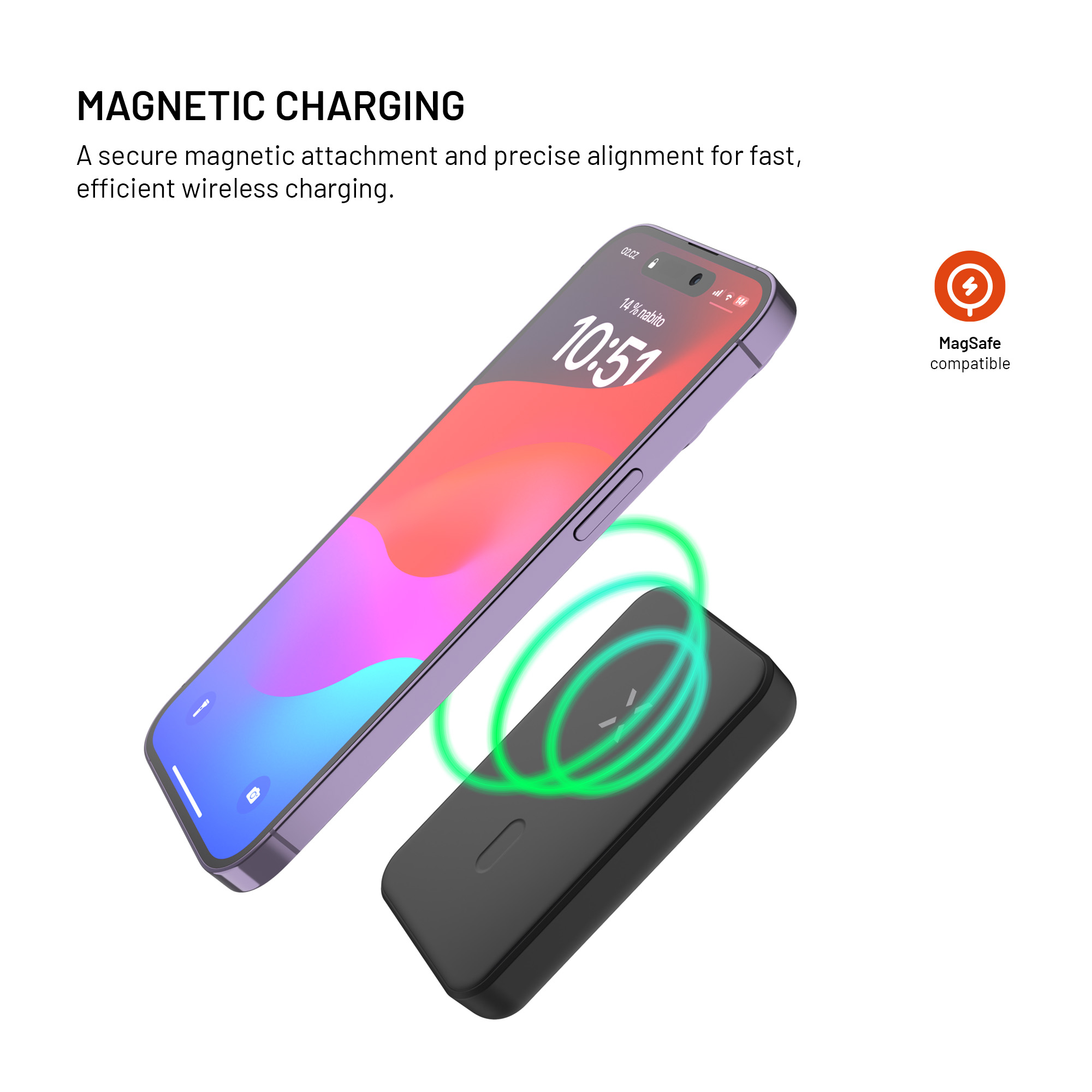 Ein Smartphone schwebt über einem Ladegerät mit grünen elektromagnetischen Ringen.