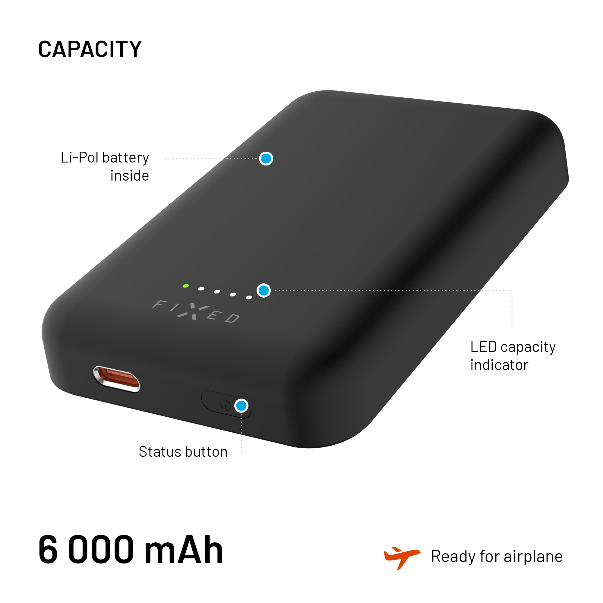 Schwarze Powerbank 6000 mAh mit Status-LEDs und USB-C-Anschluss.