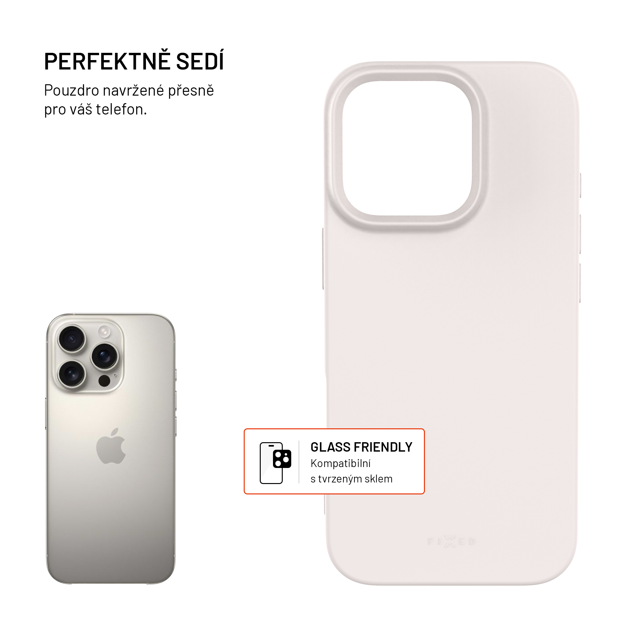 Eine weiße Handyhülle neben einem Smartphone mit Apple-Logo auf weißem Hintergrund.