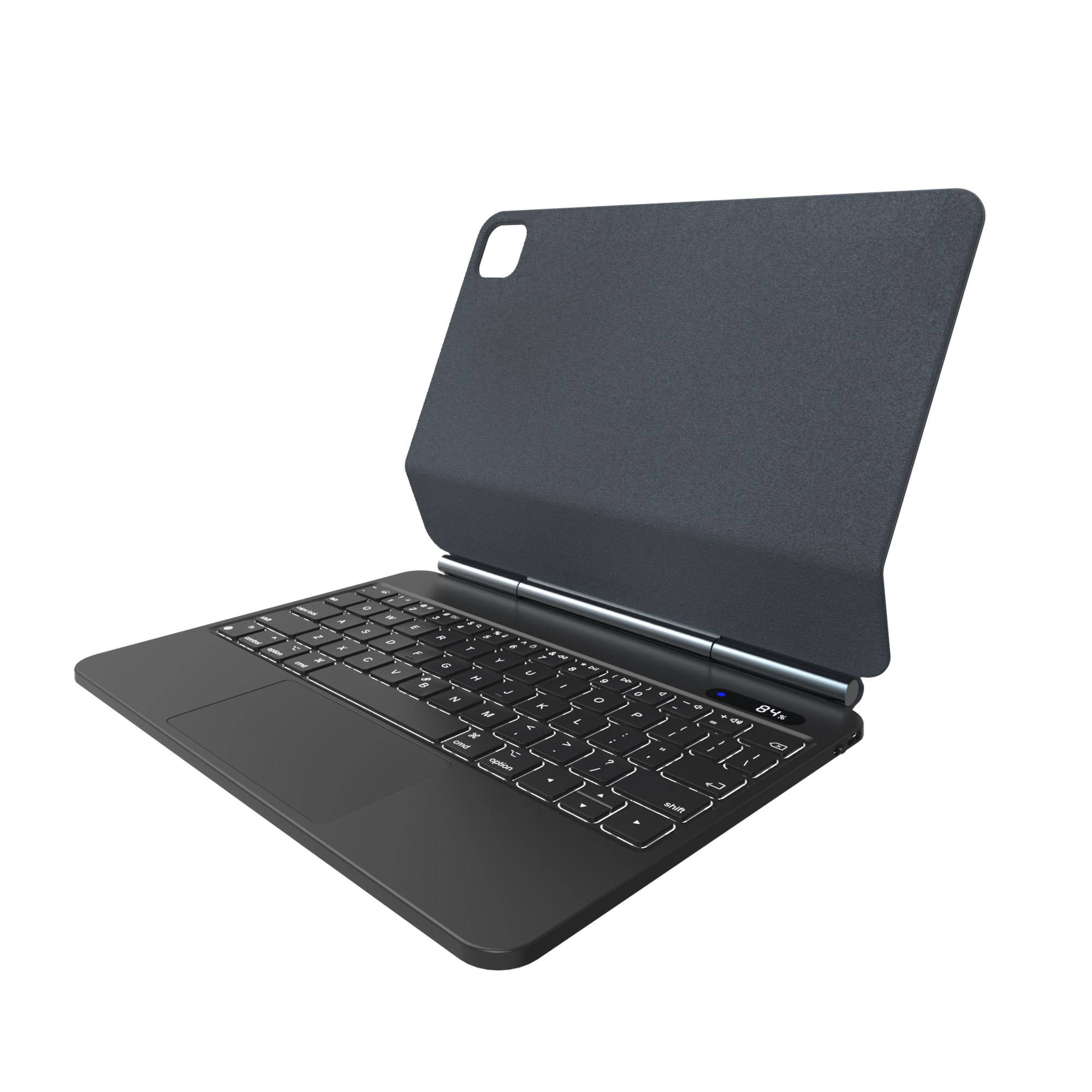 Schwarze Tastaturhülle für Tablets mit integriertem Trackpad und geöffneter, dunkler Schutzklappe auf weißem Grund.