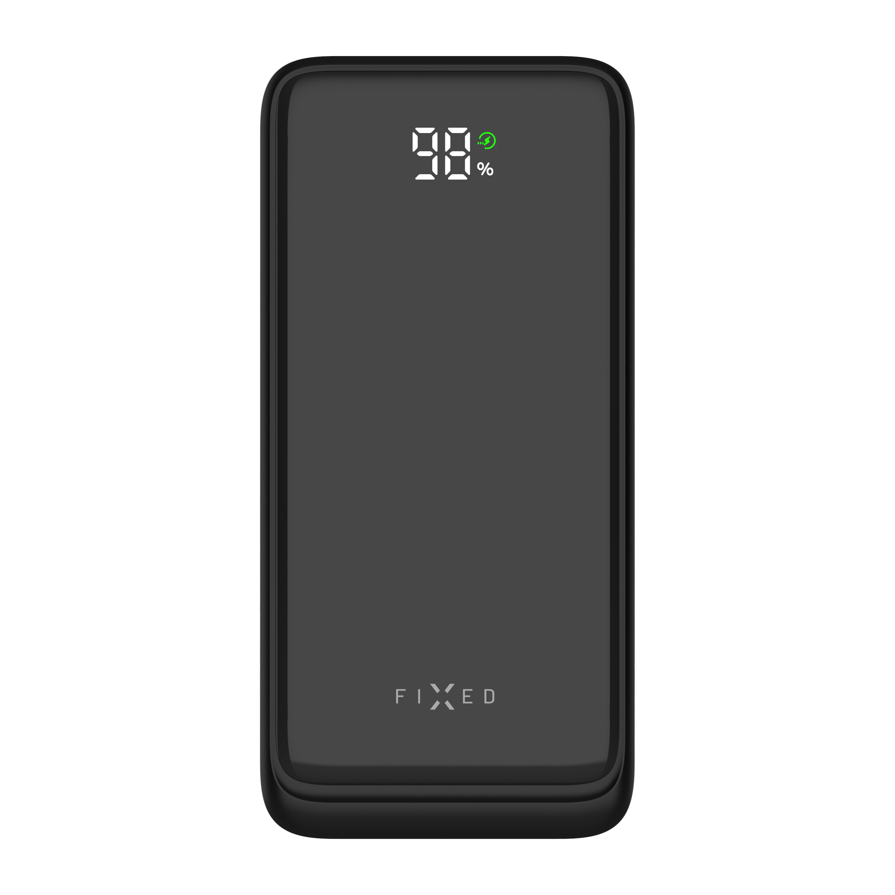 Power bank nera con display digitale che mostra il 98 percento e un'icona di ricarica verde, e il marchio FIXED.
