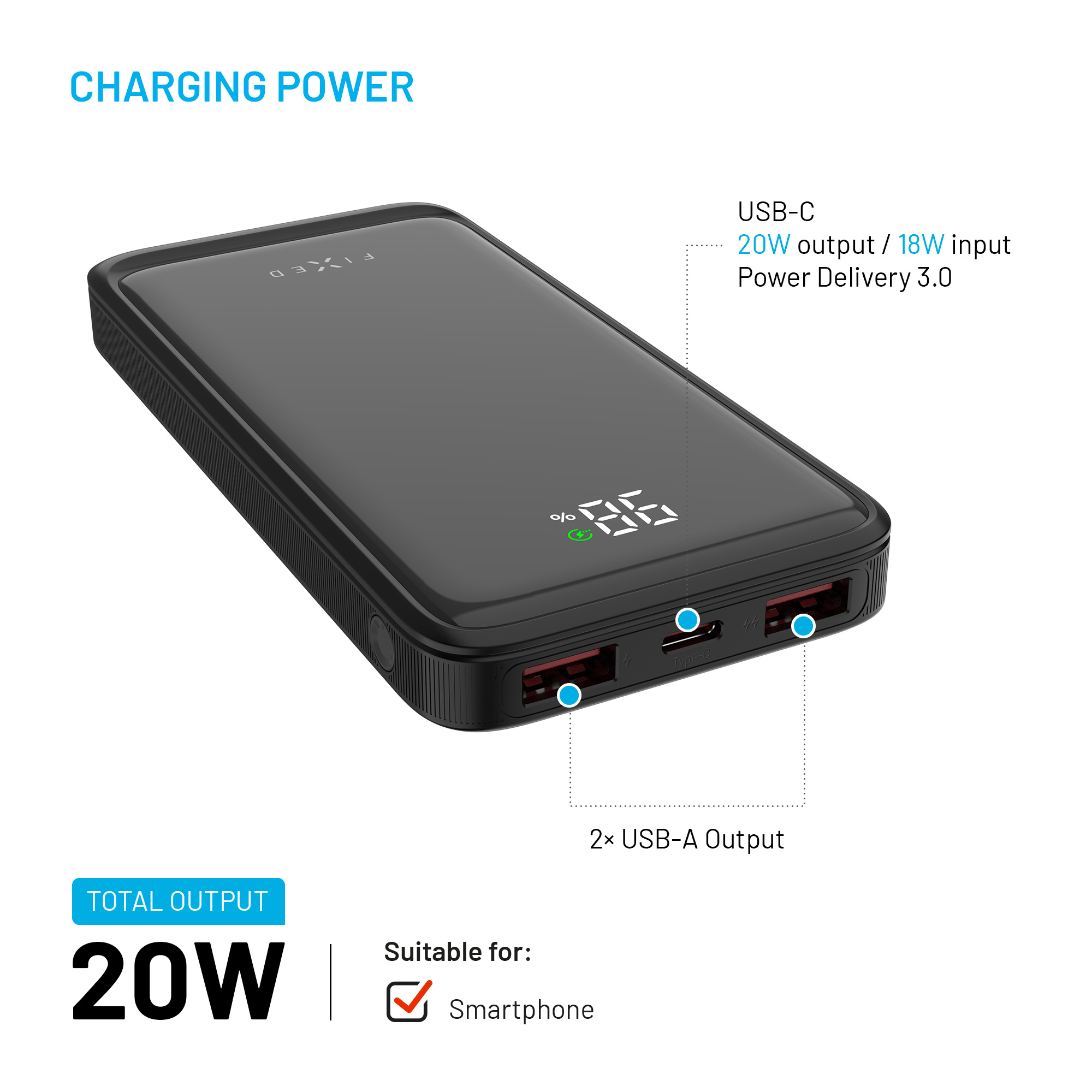 Power bank nero con display digitale, due uscite USB-A e una porta USB-C, con potenza di 20W.
