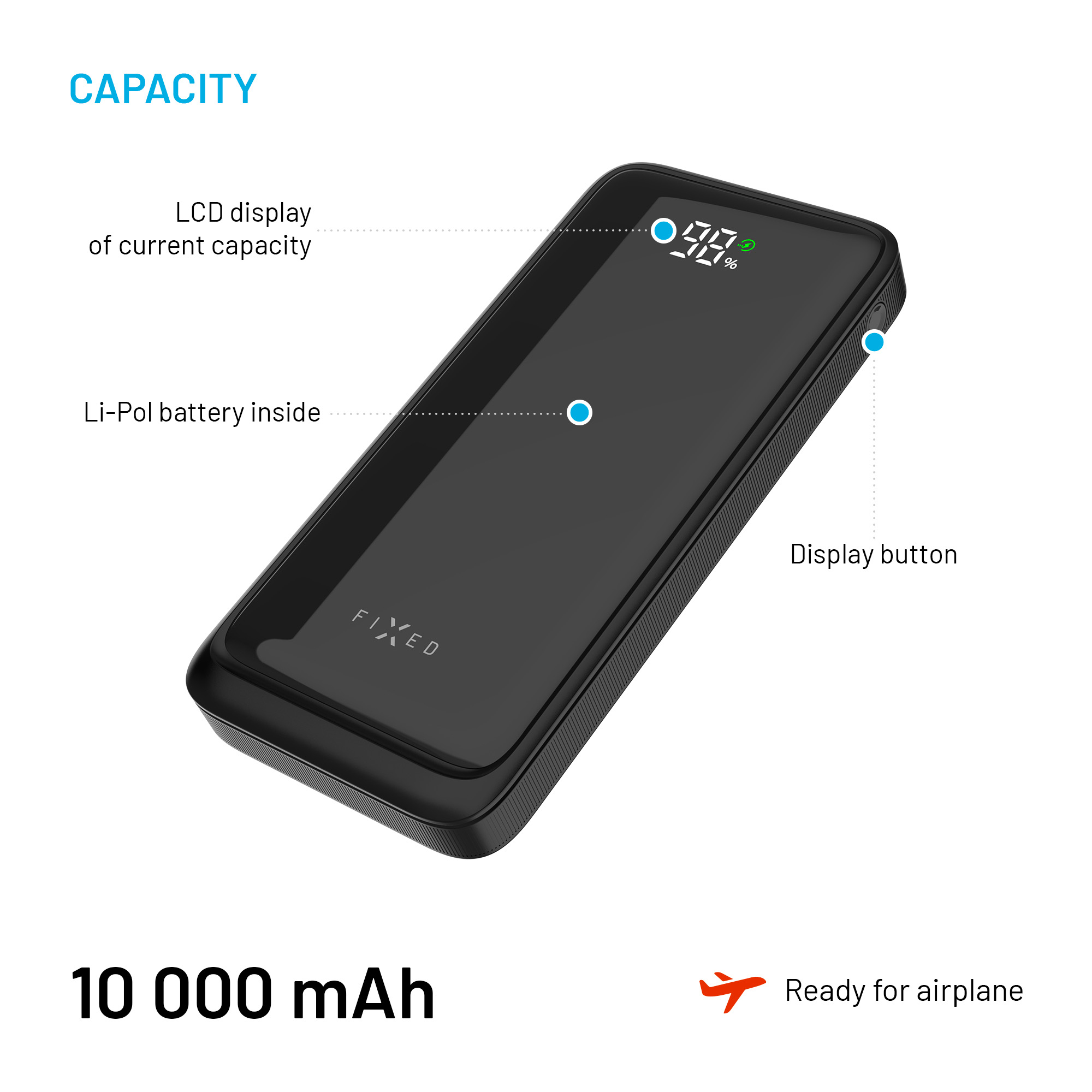 Power bank nera da 10.000 mAh con display LCD, batteria Li-Pol e pulsante. Pronta per l'aereo.