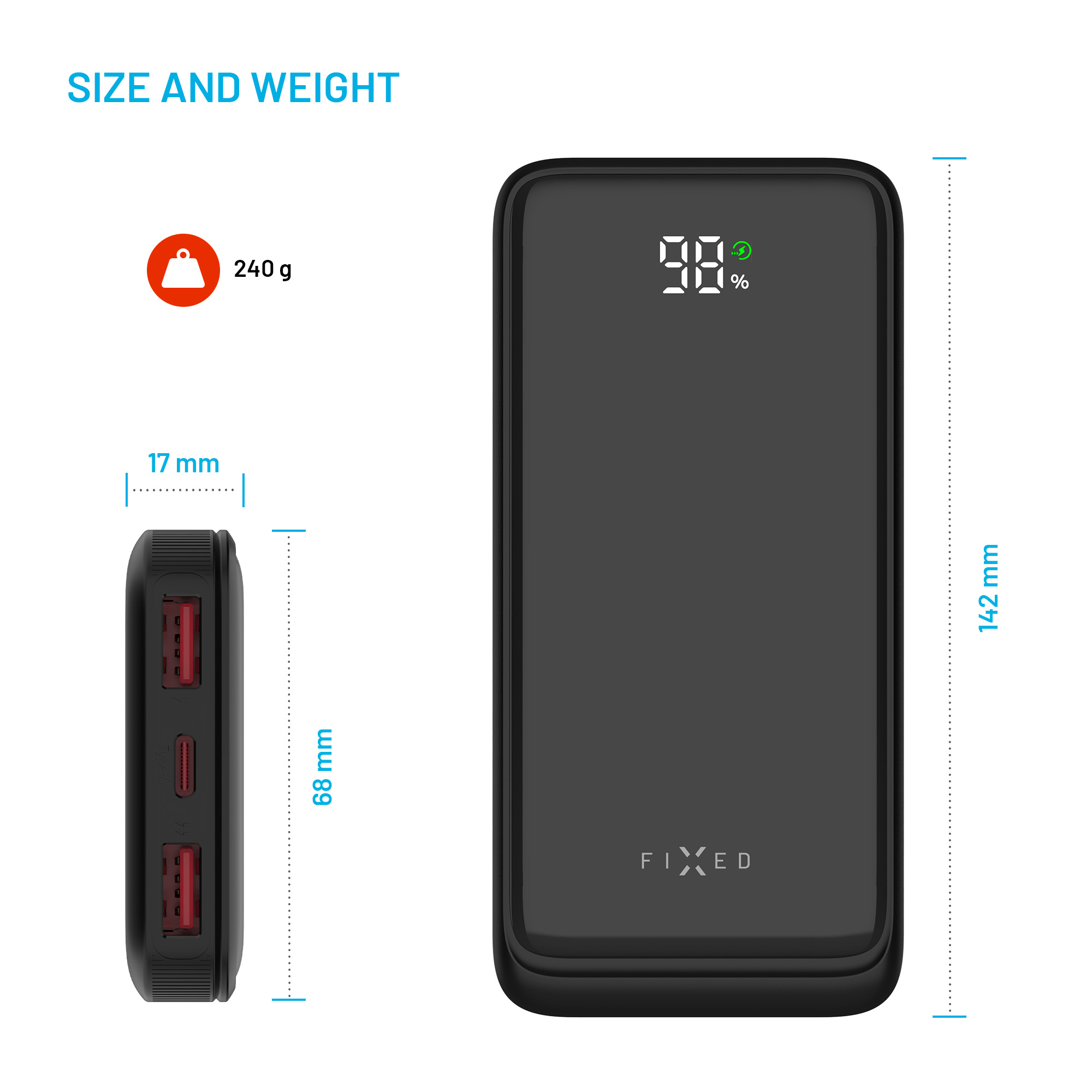 Diagramma che mostra dimensioni e peso di 240 g di un power bank nero con display digitale.
