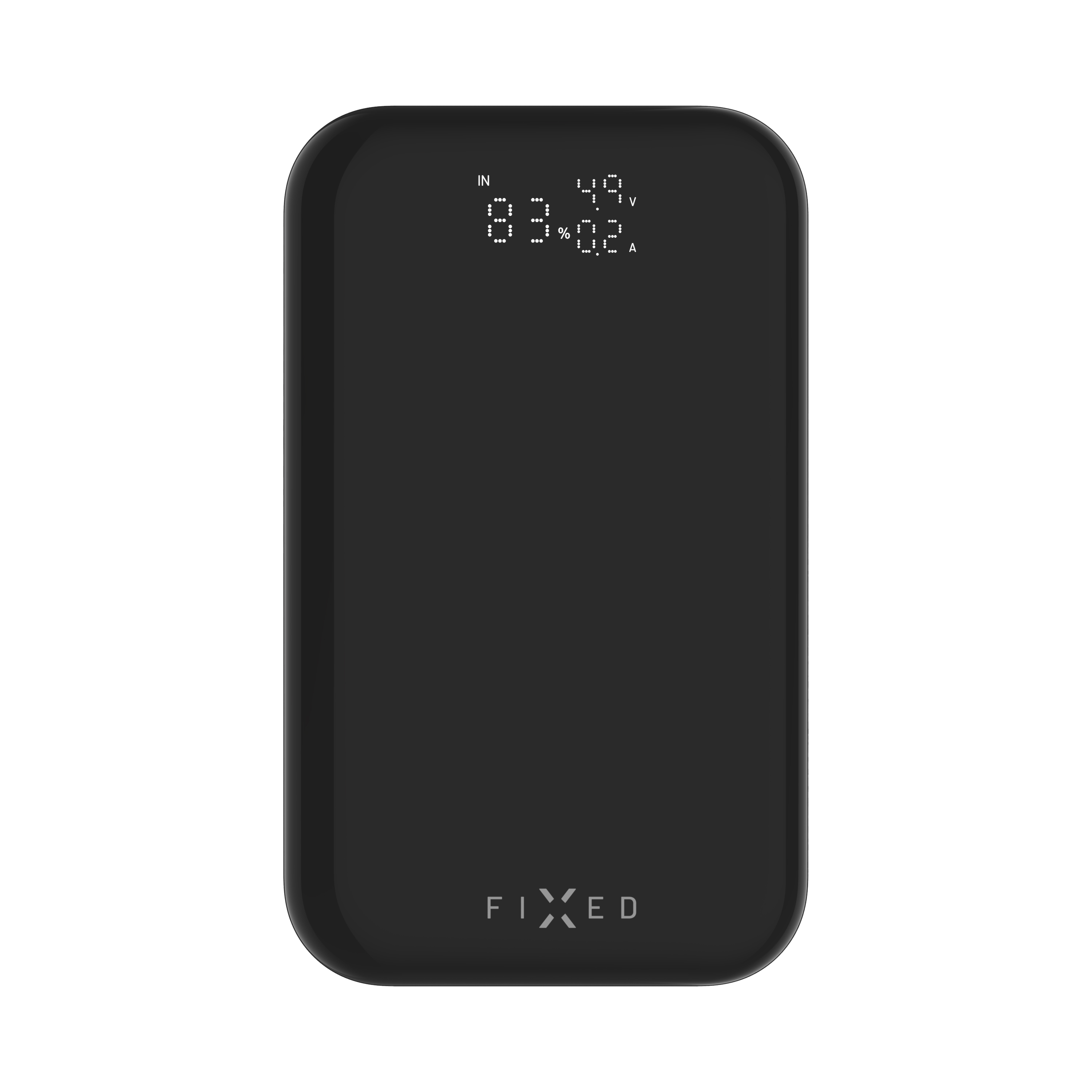 Schwarze Powerbank mit digitaler Anzeige für Akkuprozent, Spannung und Stromstärke, mit weißer FIXED-Aufschrift.