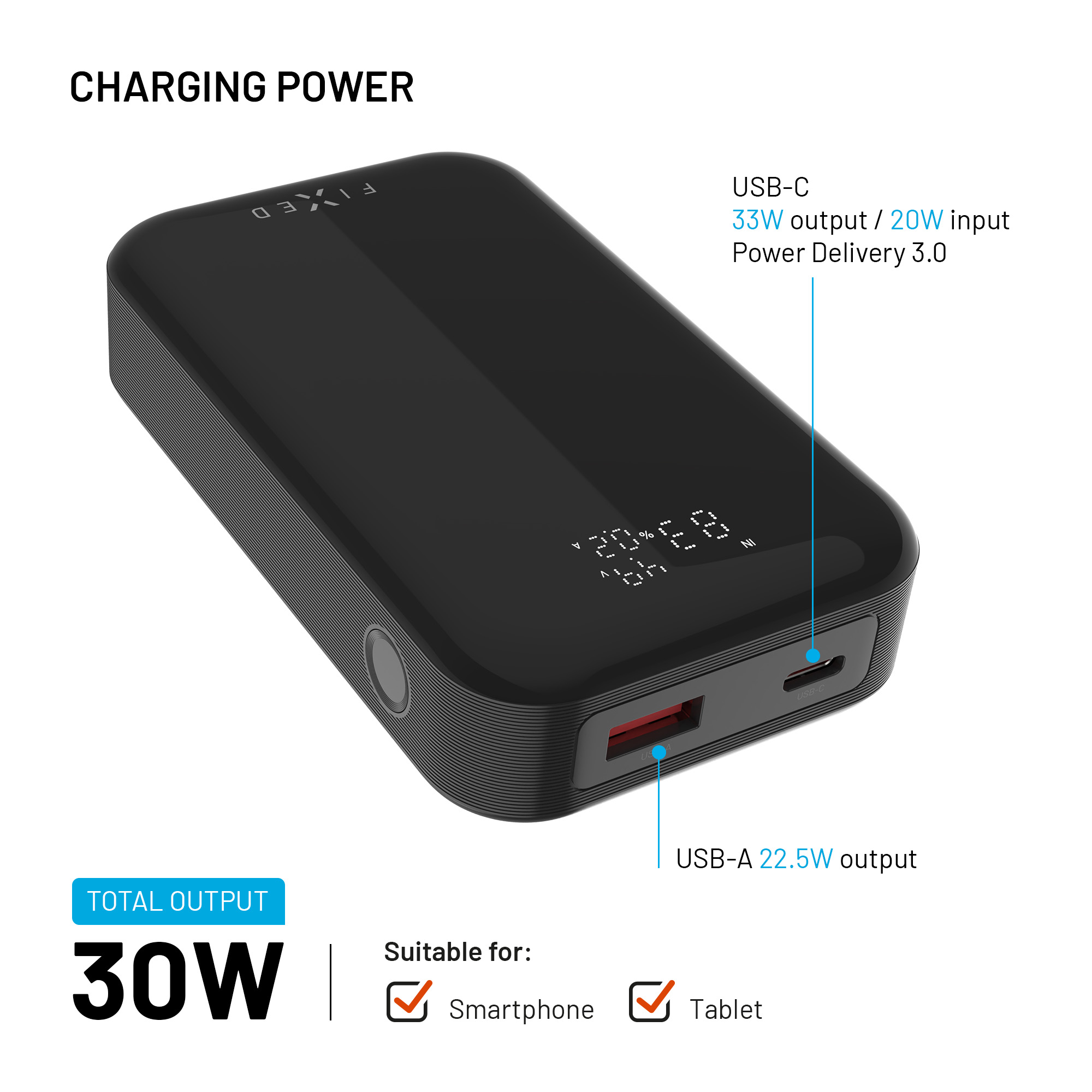 Eine schwarze Powerbank mit Digitaldisplay, USB-C- und USB-A-Anschlüssen, 30W Ausgangsleistung.