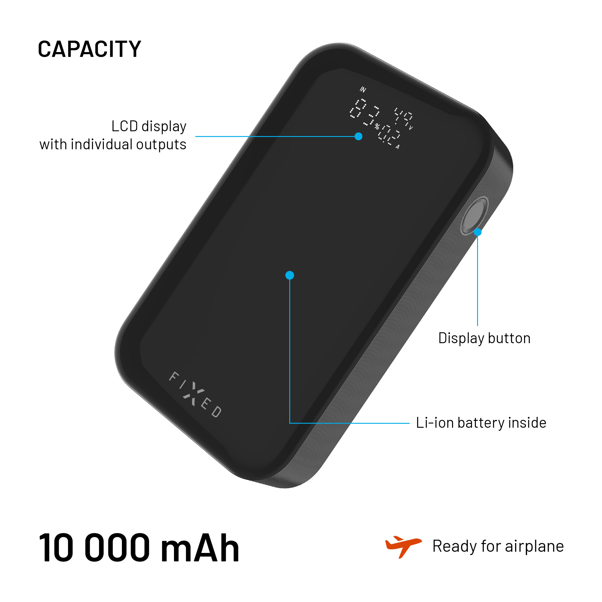 Schwarze Powerbank mit LCD-Display, Displaytaste, Li-Ionen-Akku und 10000 mAh Kapazität.