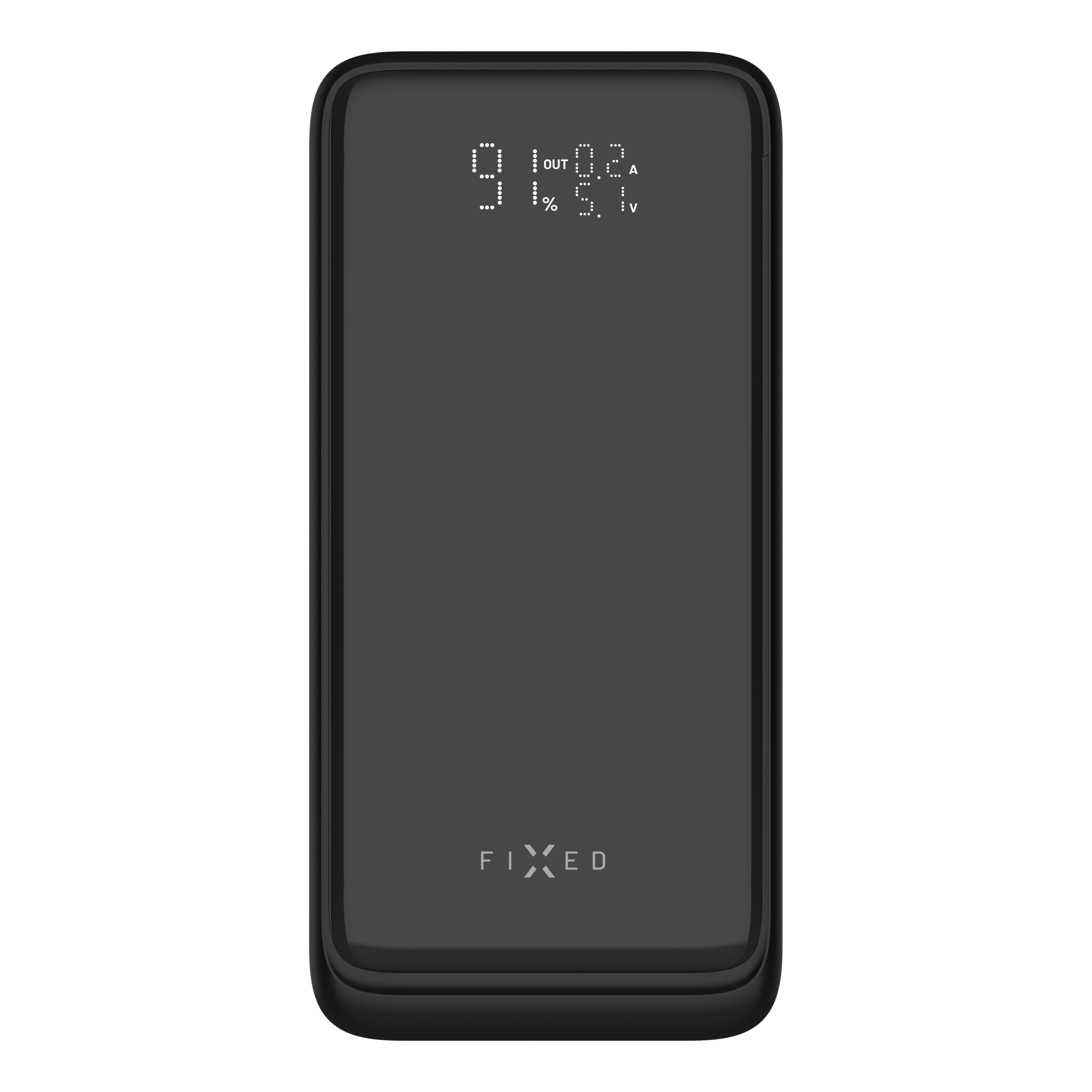 Eine schwarze Powerbank mit digitalem LED-Display und weißem Fixed-Logo auf der Vorderseite.