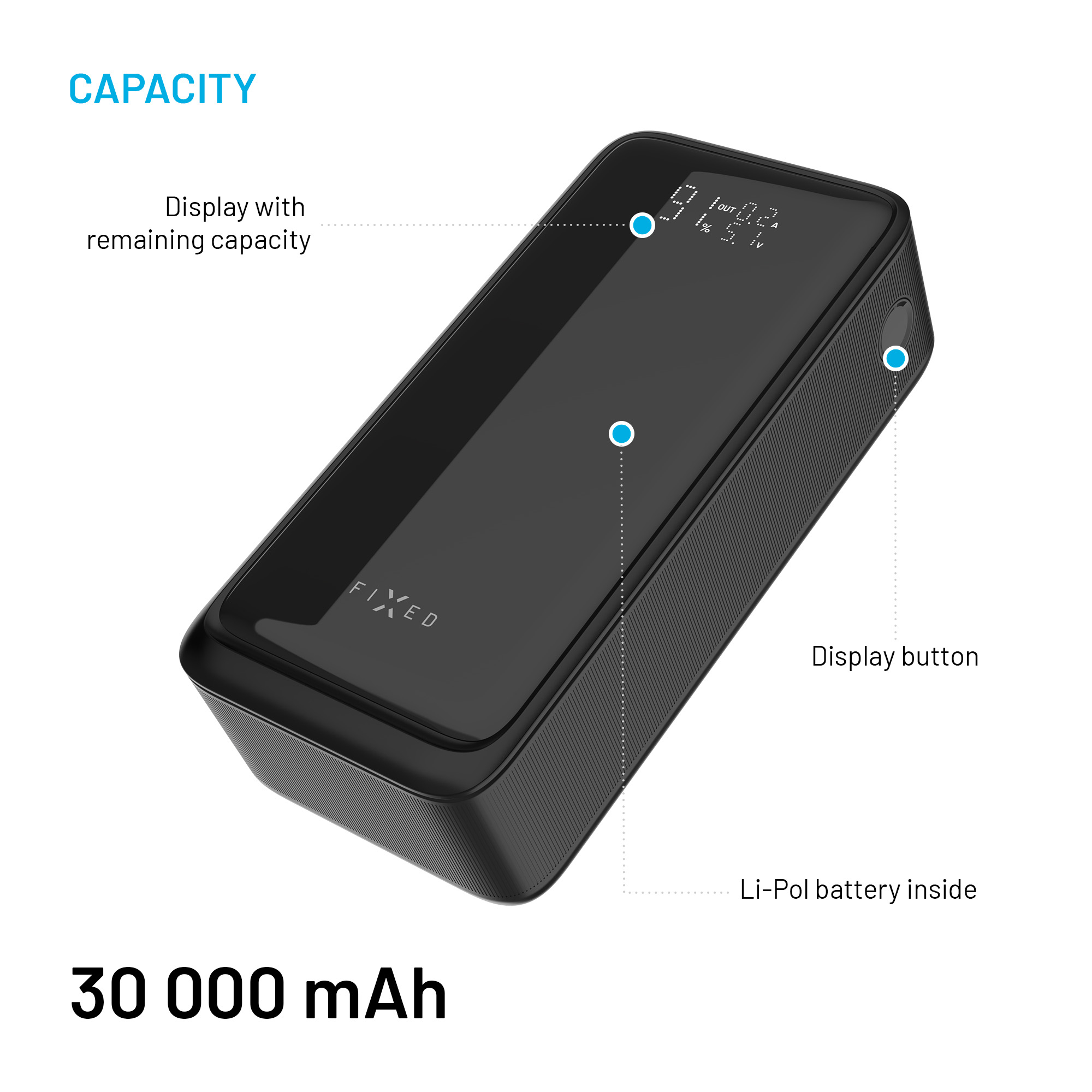 Schwarze Powerbank mit 30000 mAh, digitaler Anzeige, Display-Taste und Li-Pol-Akku.