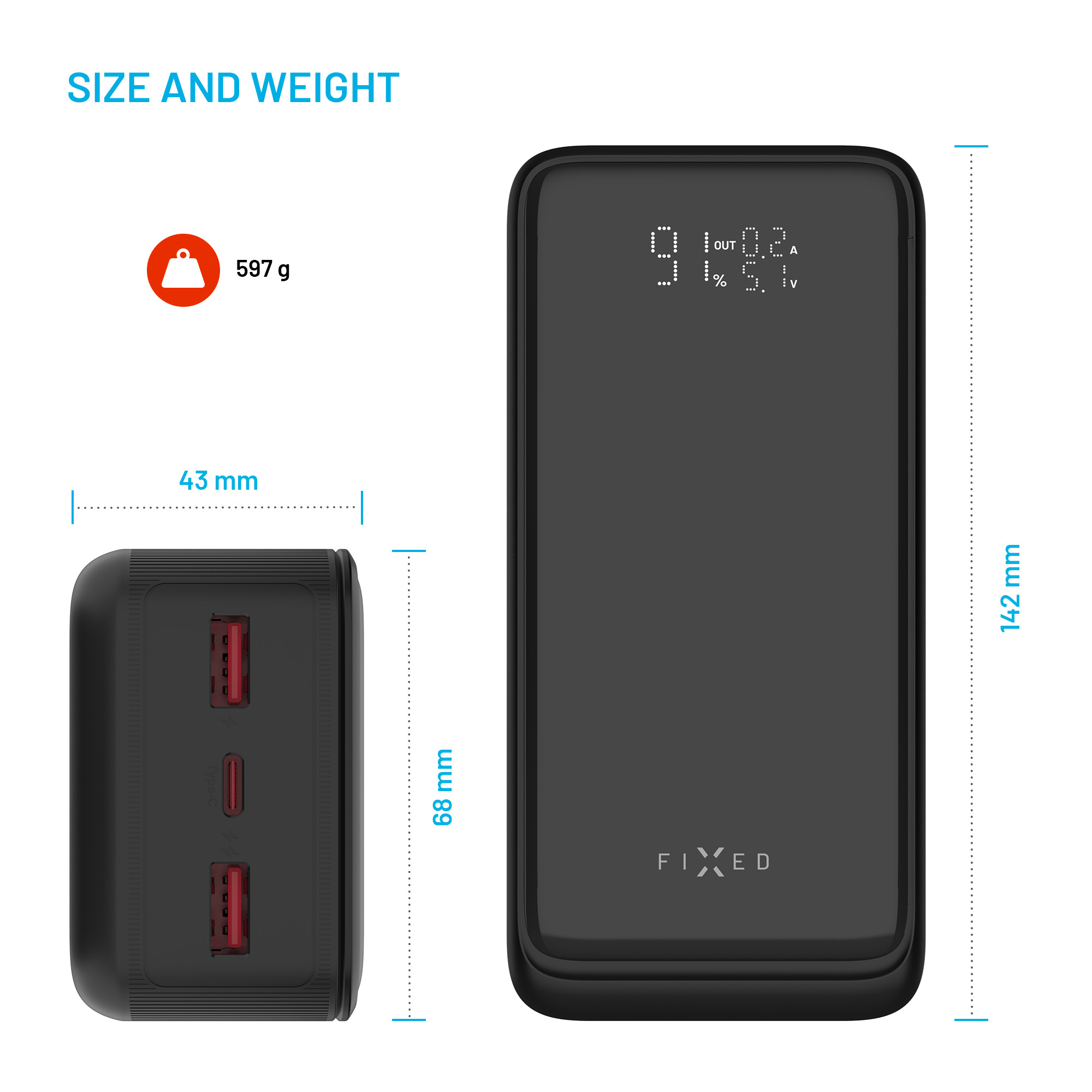 Diagramm zeigt Größe, Gewicht und Abmessungen einer schwarzen Powerbank.