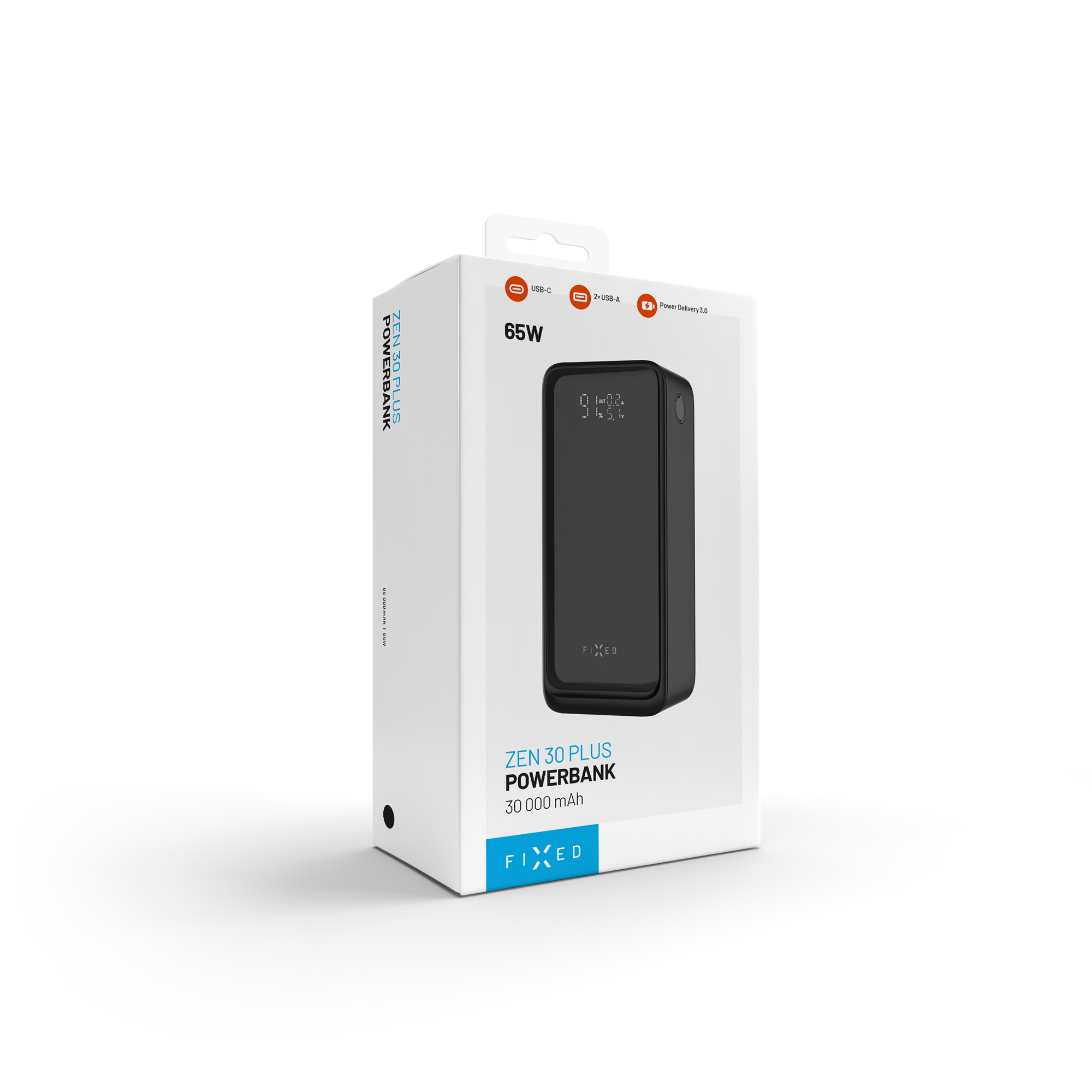 Weiße Produktverpackung für die ZEN 30 PLUS Powerbank mit 65W und 30000 mAh auf hellem Hintergrund.