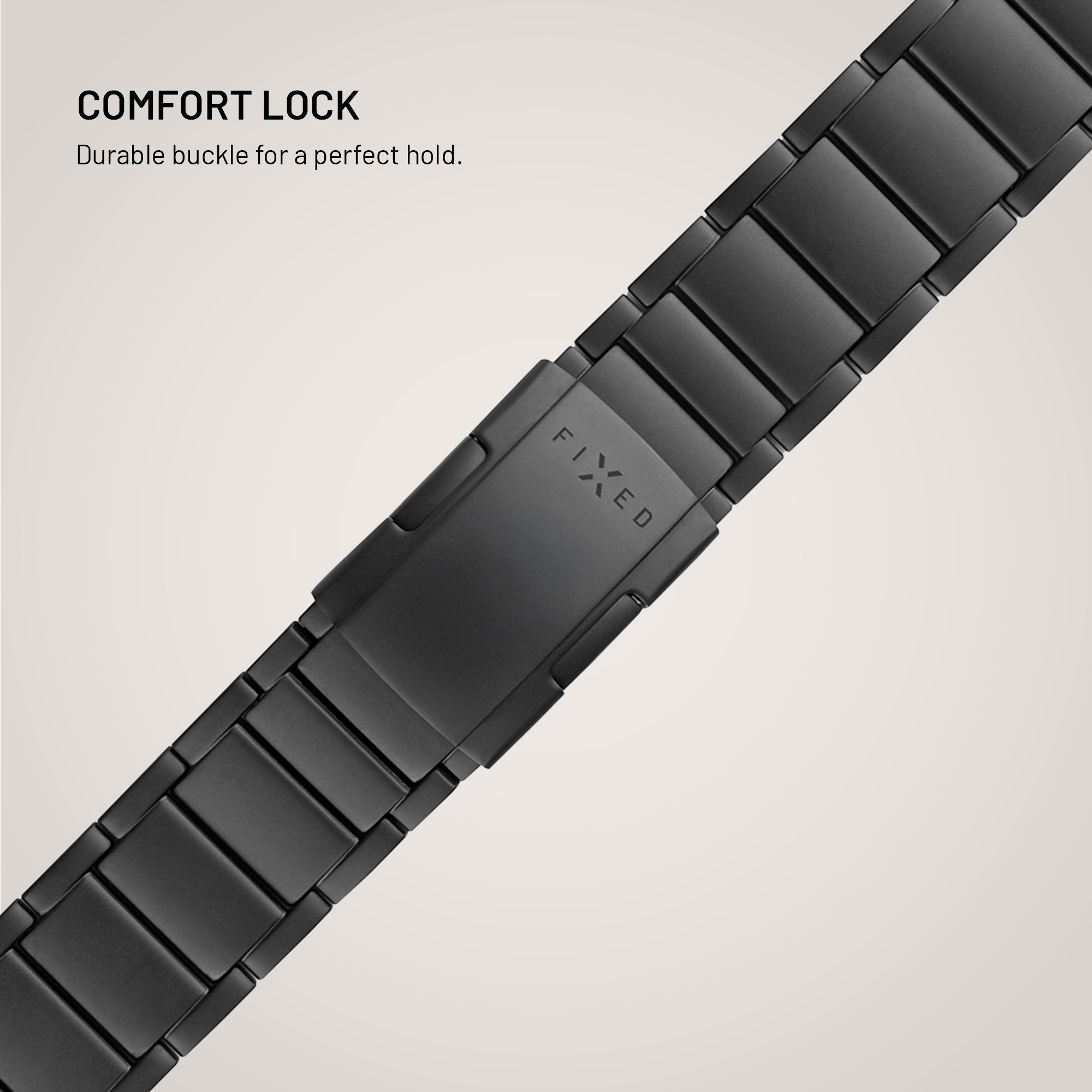 Schwarzes Metallarmband mit Schloss und Aufschrift Comfort Lock auf hellem Hintergrund.
