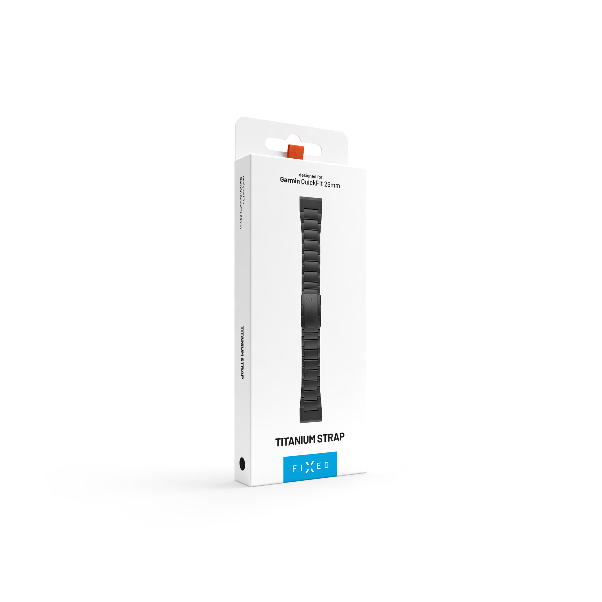 Eine weiße Verpackung für ein schwarzes Garmin QuickFit 26mm Titanarmband der Marke Fixed, auf weißem Hintergrund.