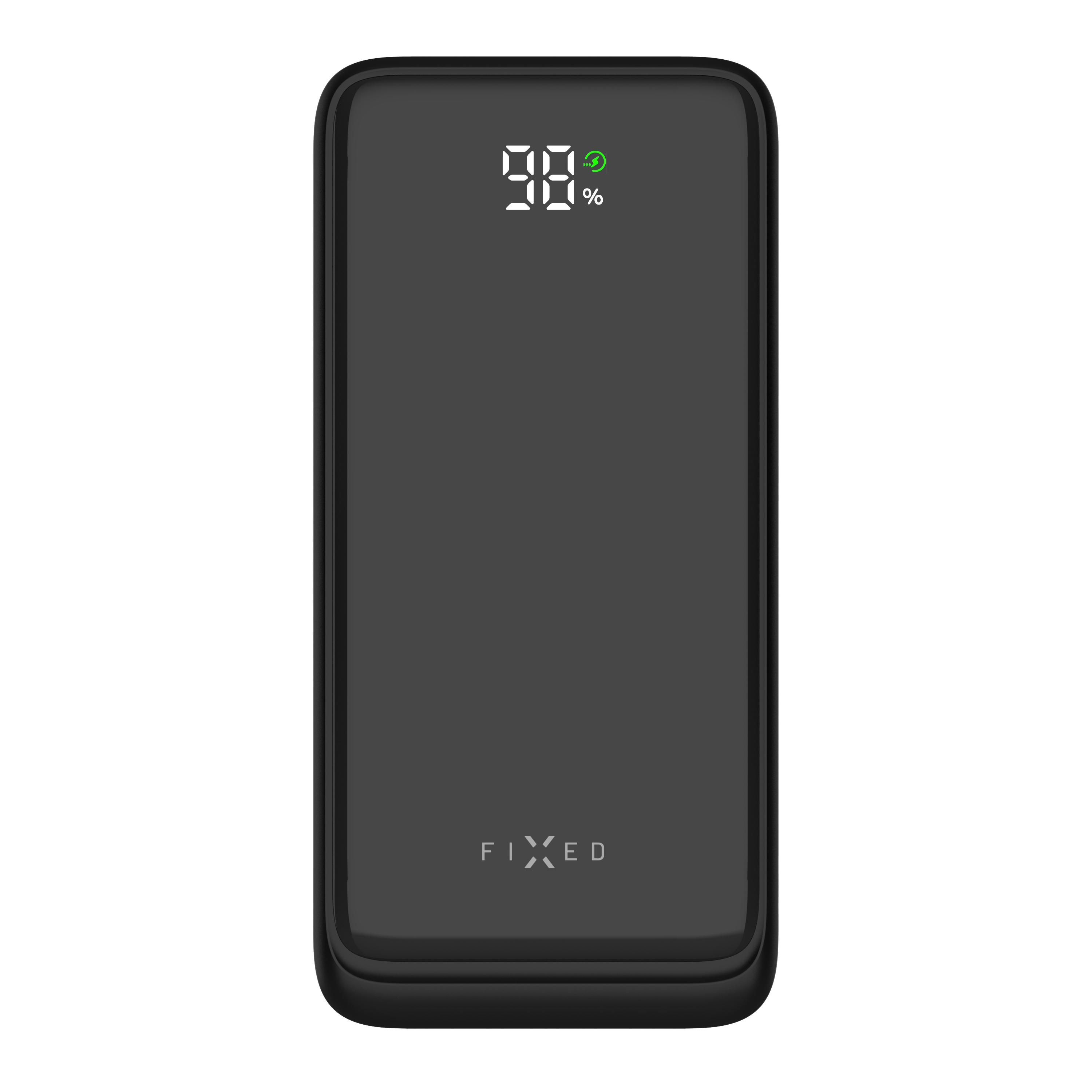 A black power bank with a digital display showing 98% and a green lightning bolt icon, with the brand name FIXED.