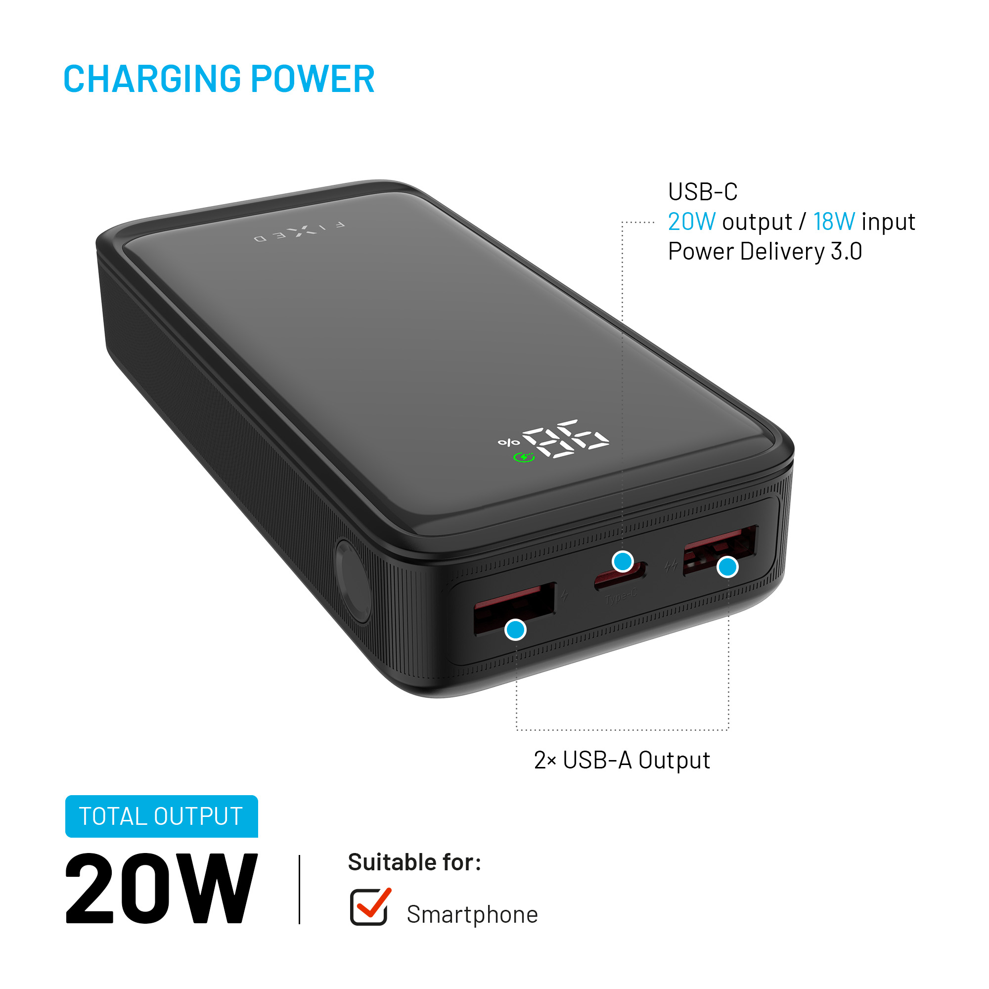 Black power bank with LED display, USB-C and dual USB-A ports, delivering 20W output.