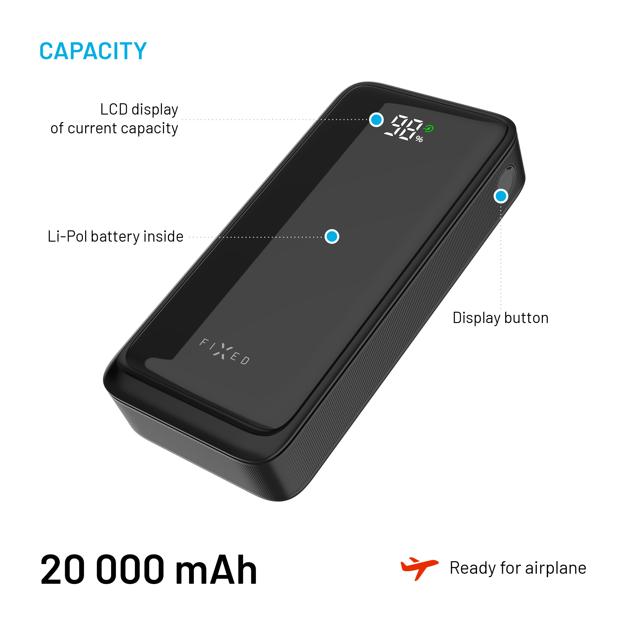 A black 20000mAh power bank with LCD display, Li-Pol battery, and side button against a white background.