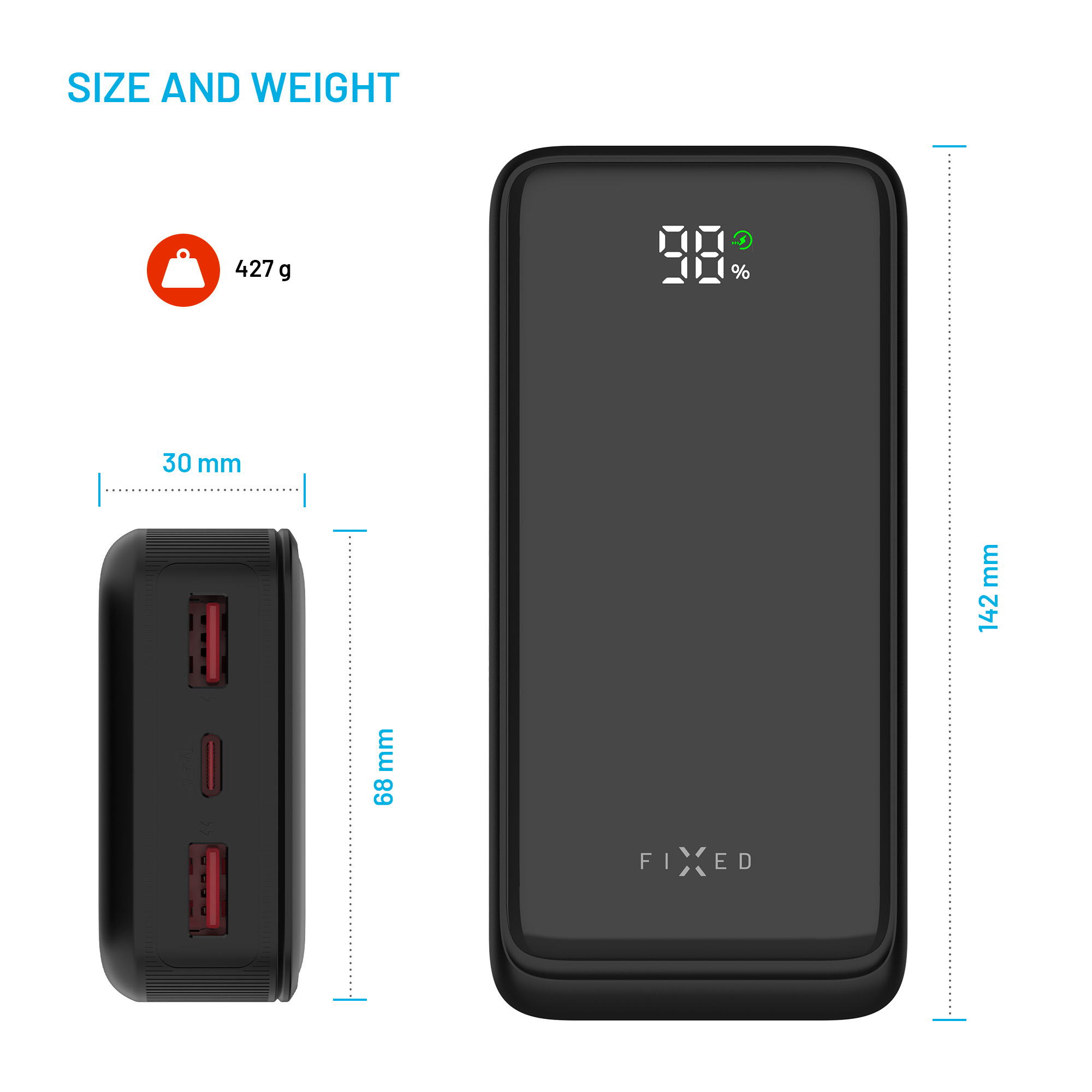 Diagram showing the size and weight of a black power bank with 427g, 142mm, 68mm, and 30mm dimensions.