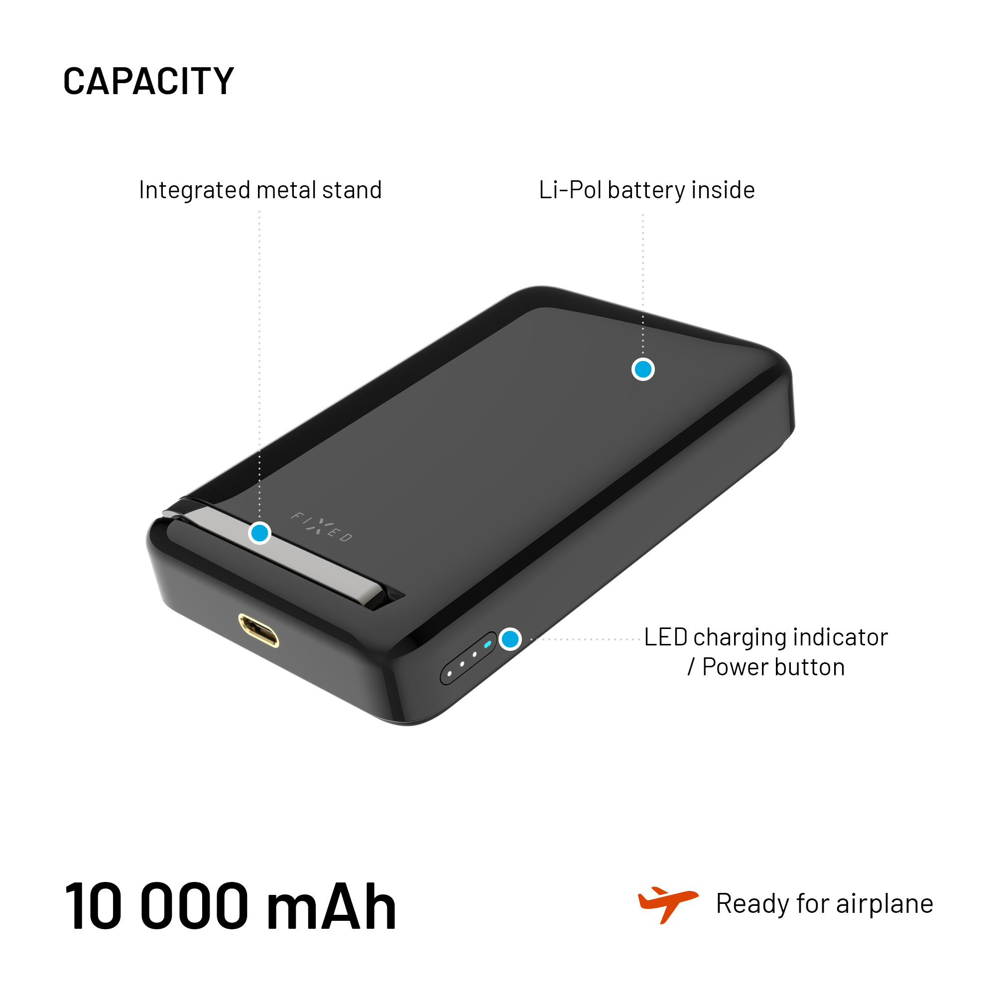 Schwarze 10.000 mAh Powerbank mit integriertem Metallstandfuß, Akku und LED-Anzeige.