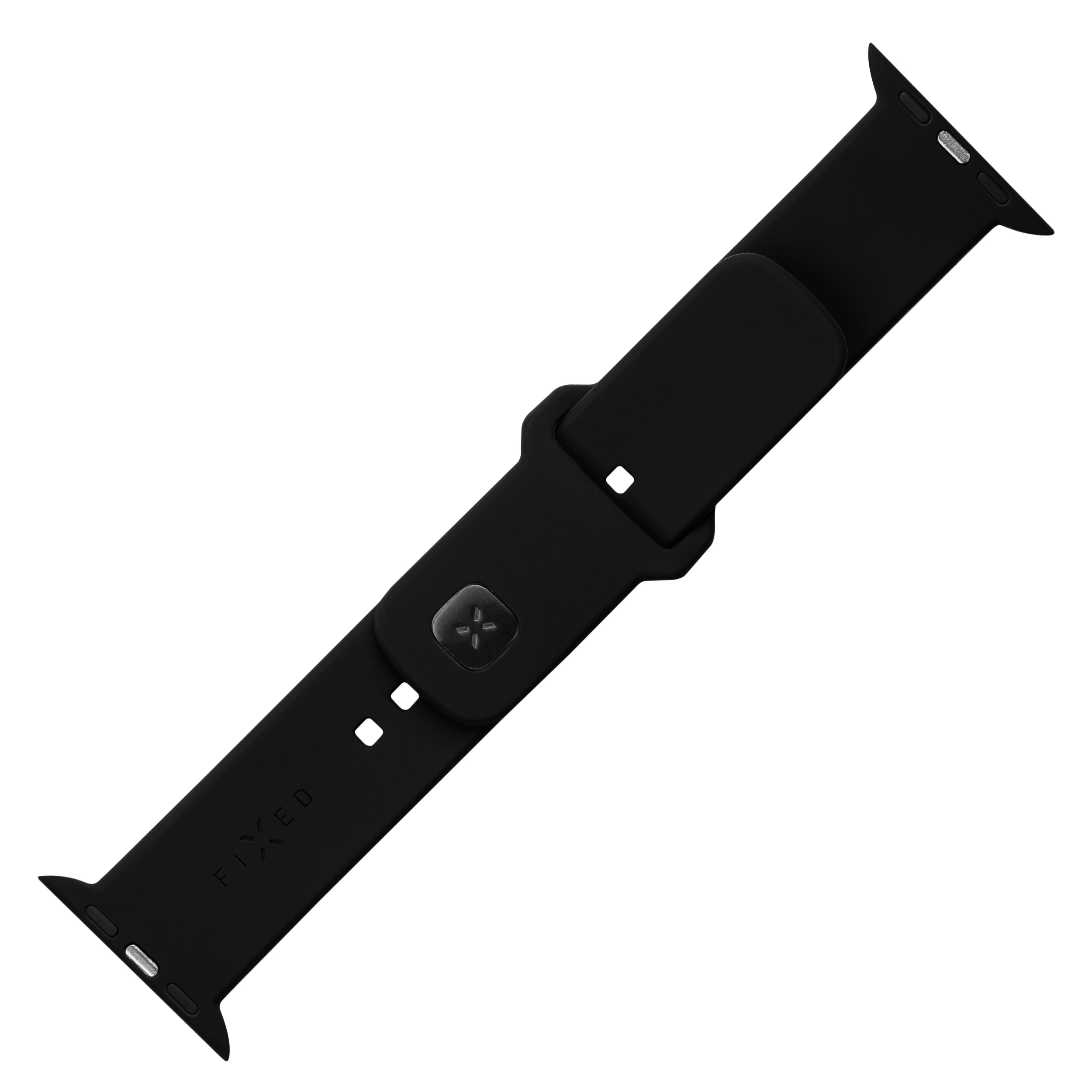 Ein schwarzes Silikon-Smartwatch-Armband mit silbernen Verbindungsstücken auf weißem Hintergrund.