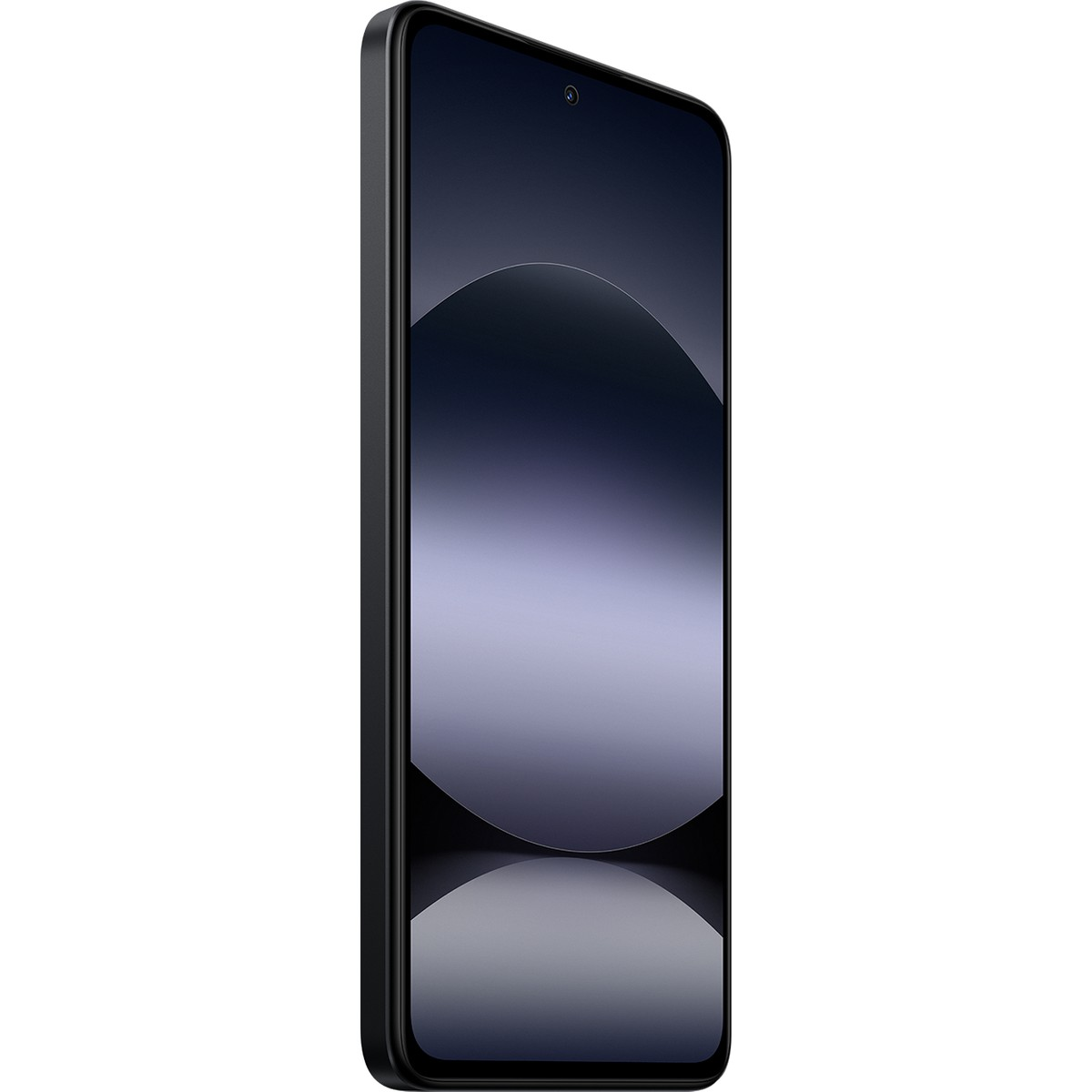 Şık siyah bir akıllı telefon dik duruyor, ekranında minimalist koyu dairesel bir tasarım gösteriliyor.