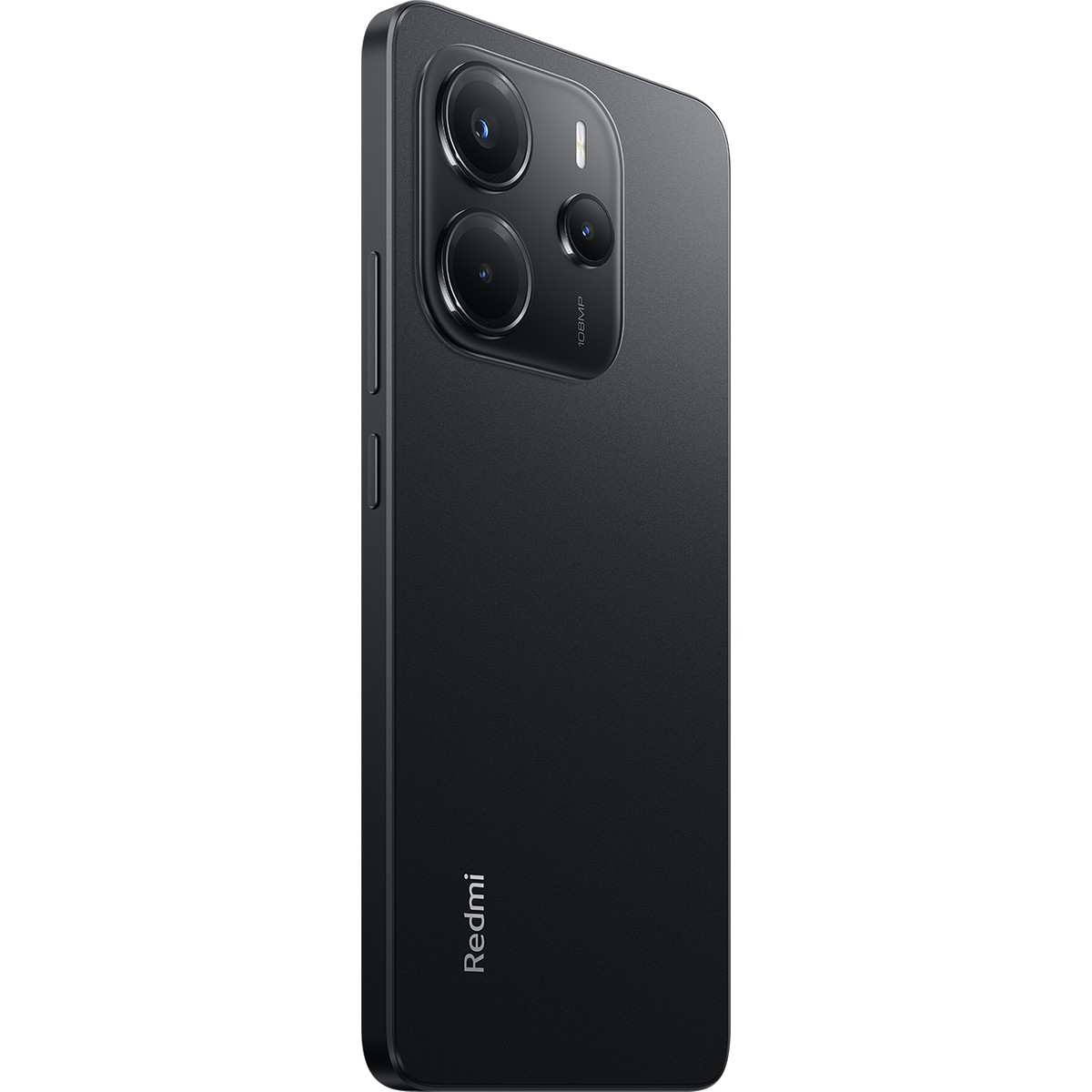 Üçlü kamera modülü ve arkasında Redmi logosu bulunan siyah bir Redmi akıllı telefon.