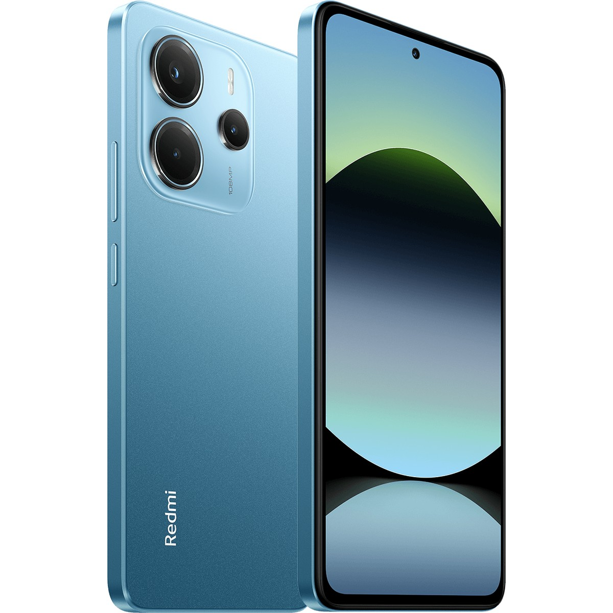 Ön ekranı ve arka kamera modülü görünen açık mavi akıllı telefon, altta Redmi logosu var.