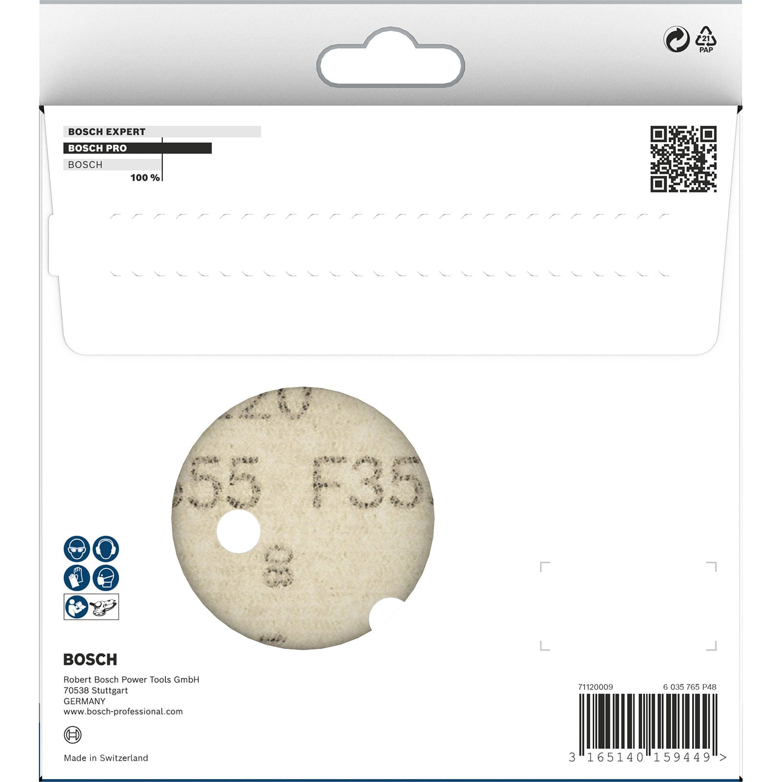 Verpackung für eine Bosch Schleifscheibe mit Branding, QR-Code, Sicherheitssymbolen, Firmenadresse und Barcode.