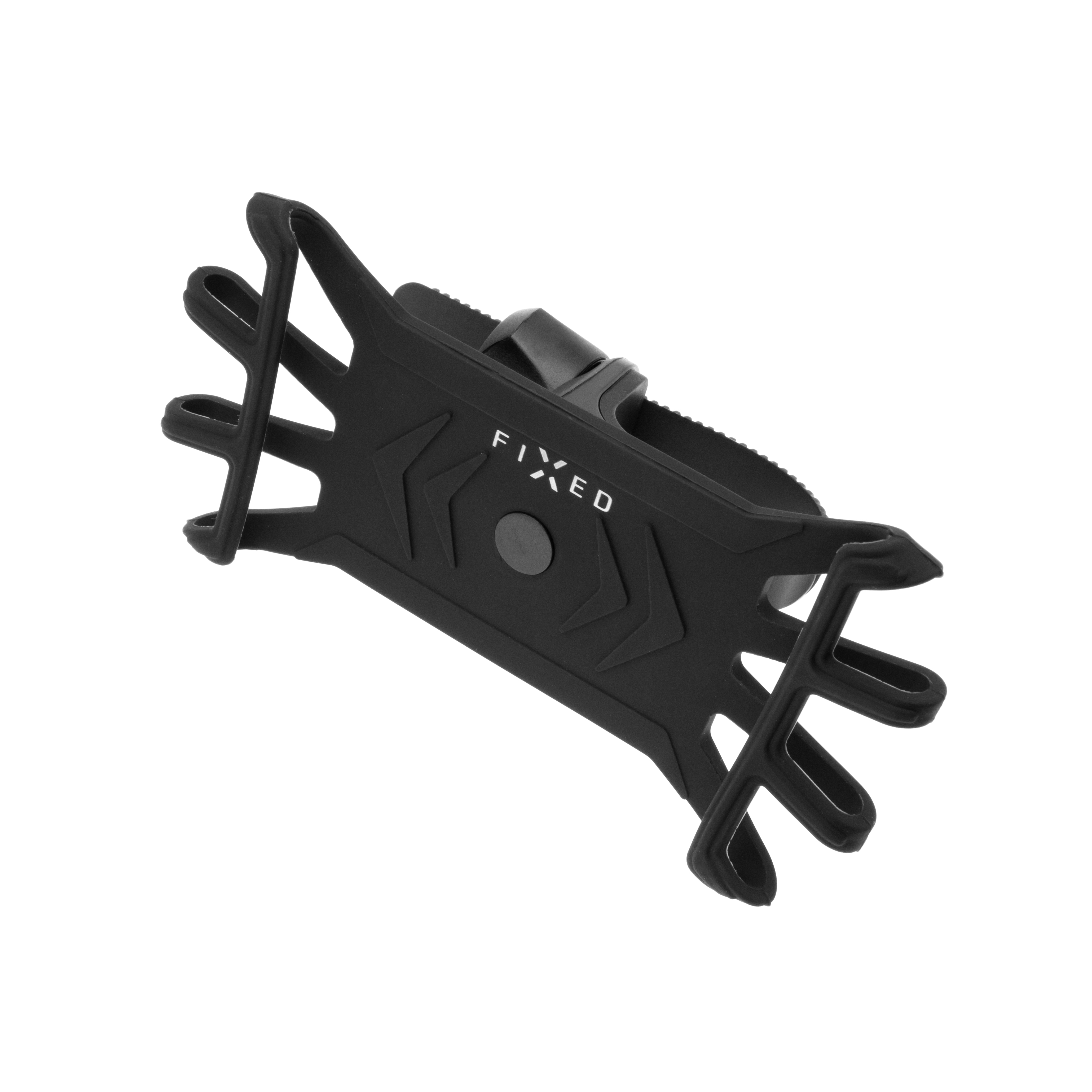 Schwarzer Handyhalter aus Silikon mit Gurten zur Befestigung.