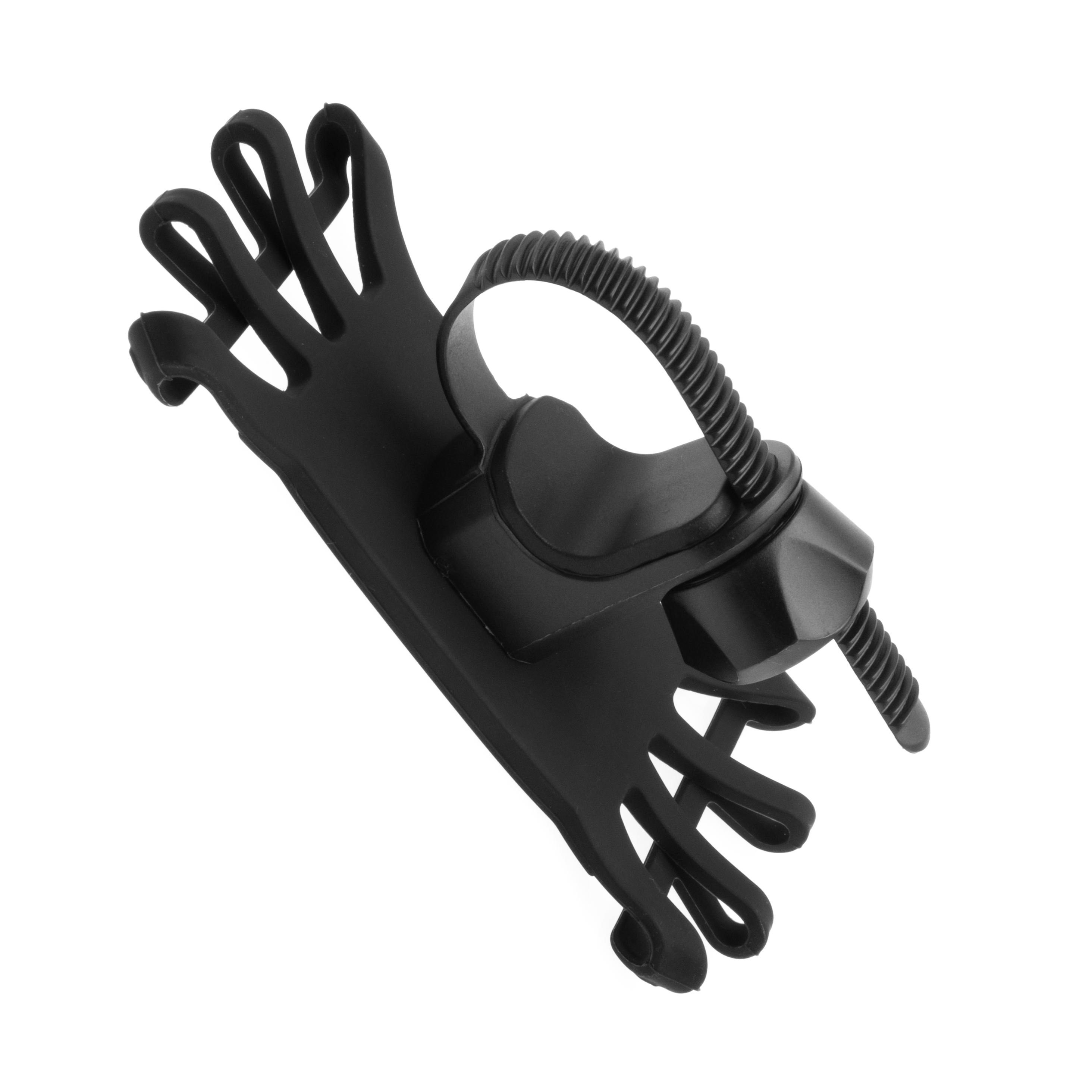 Ein schwarzer Silikon-Fahrrad-Handyhalter mit flexiblen Eckbändern und Lenkergurt vor weißem Hintergrund.