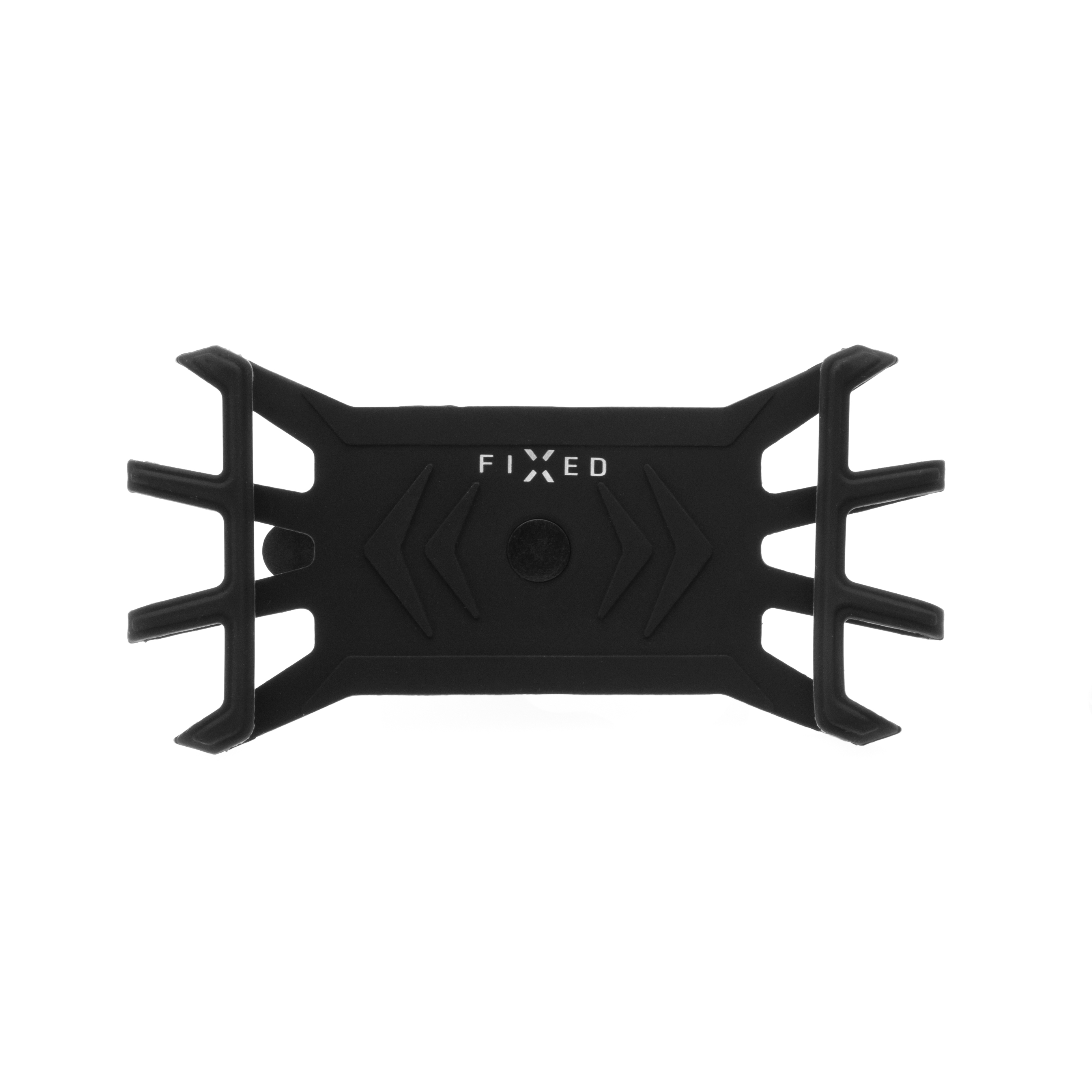 Schwarze Silikon-Smartphone-Halterung mit FIXED-Logo und Eckklammern auf weißem Hintergrund.