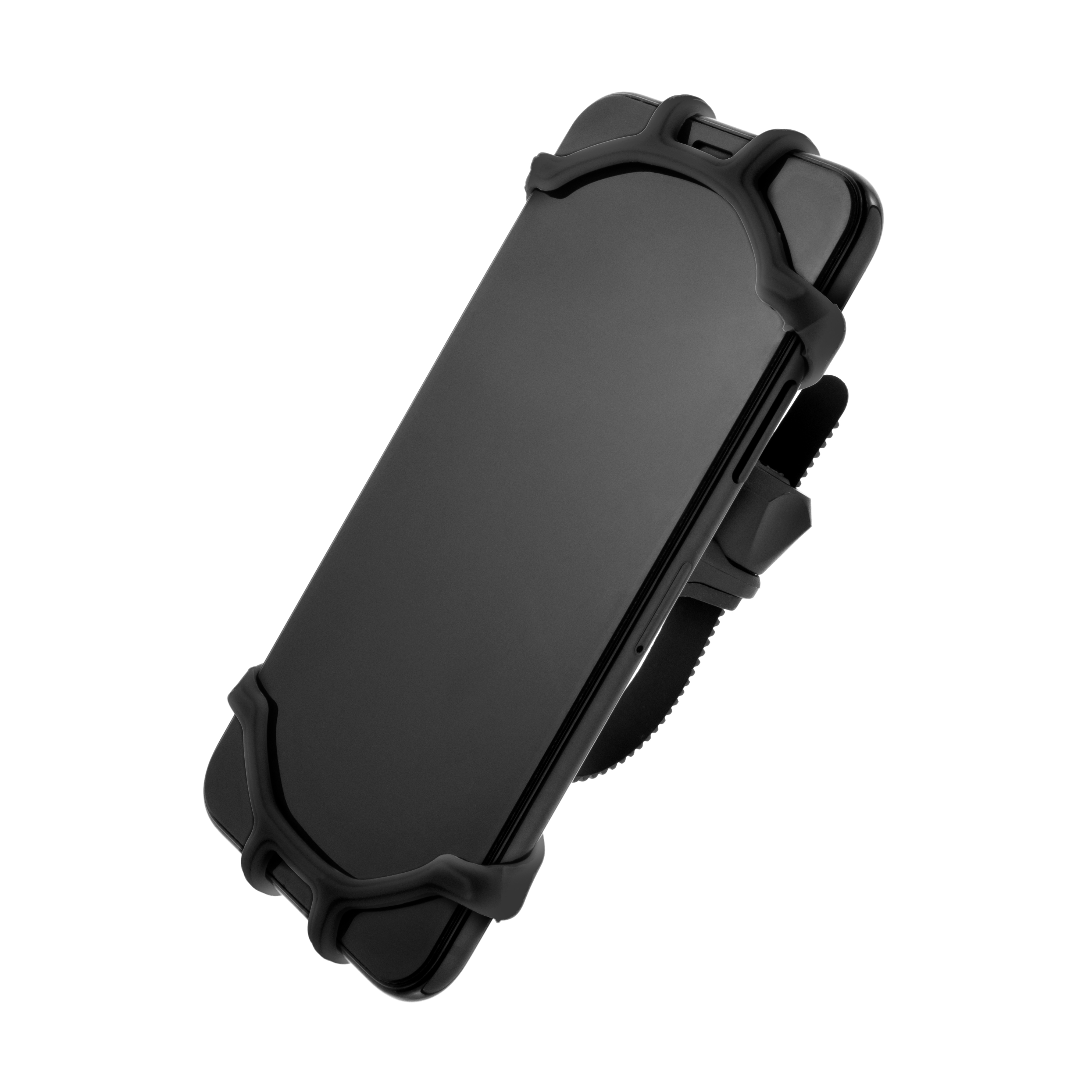 Ein schwarzes Smartphone in einer flexiblen Silikonhalterung gegen weißen Hintergrund.