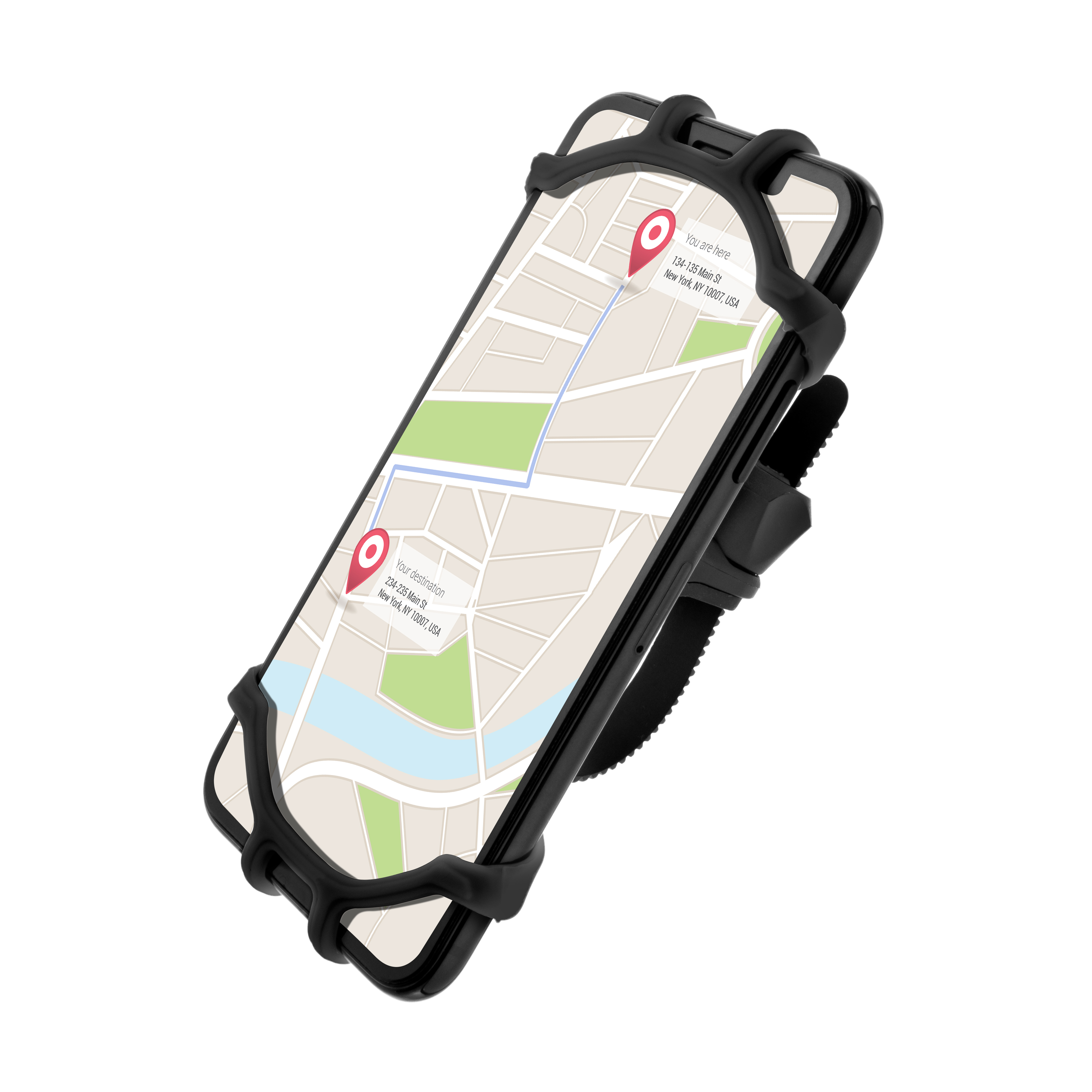 Ein Smartphone im schwarzen Silikonhalter mit einer GPS-Karte auf dem Bildschirm.