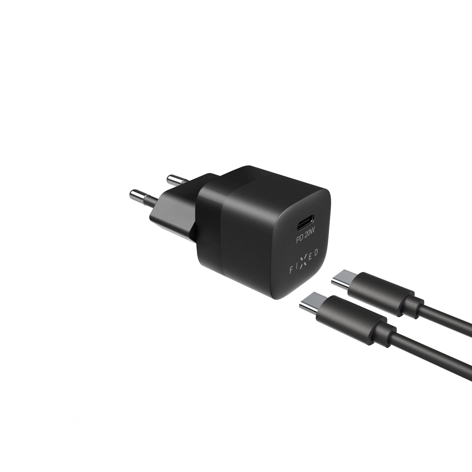 Schwarzes USB-C Schnellladegerät mit Kabel vor weißem Hintergrund.