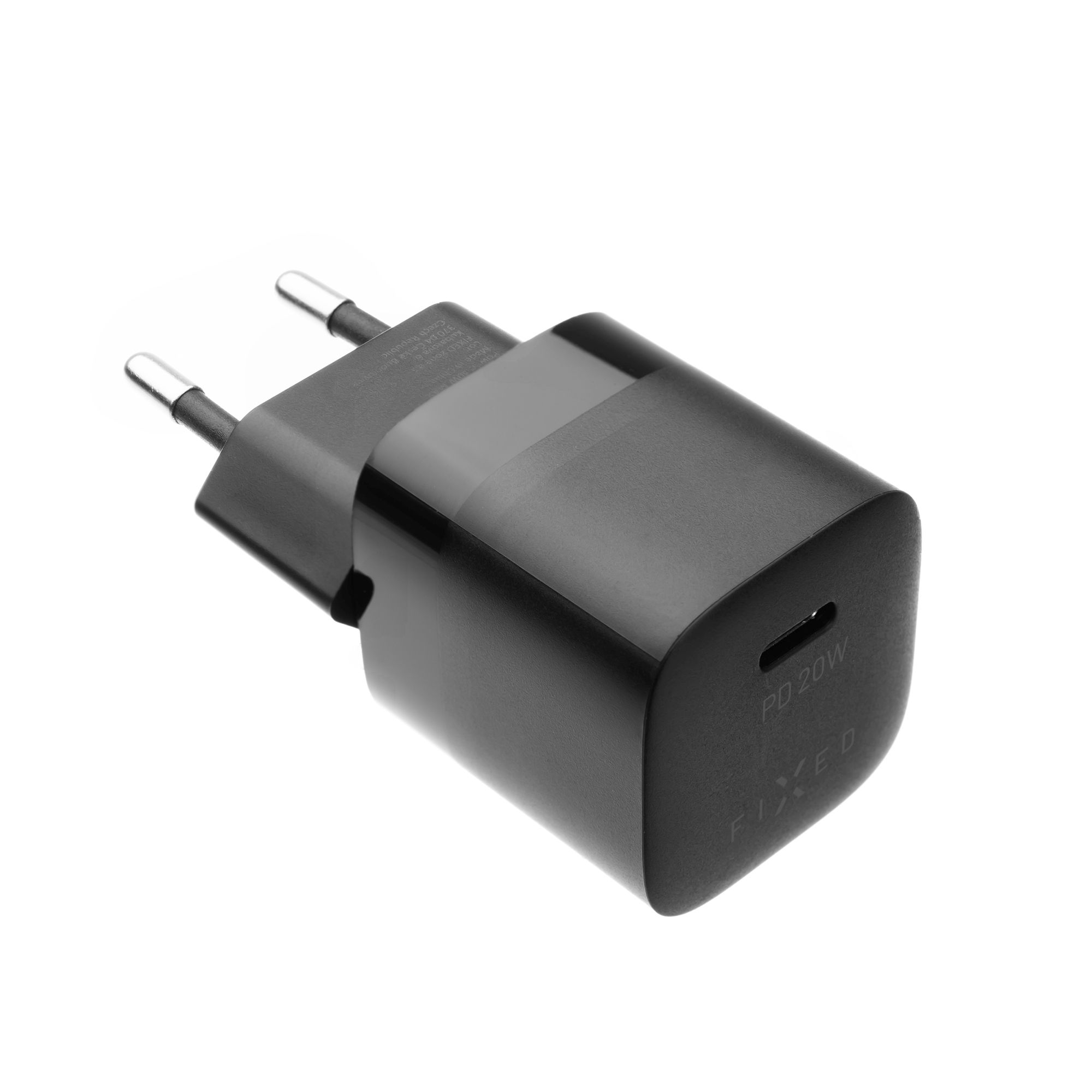 Schwarzes USB-C-Ladegerät mit EU-Stecker und PD 20W Aufschrift.