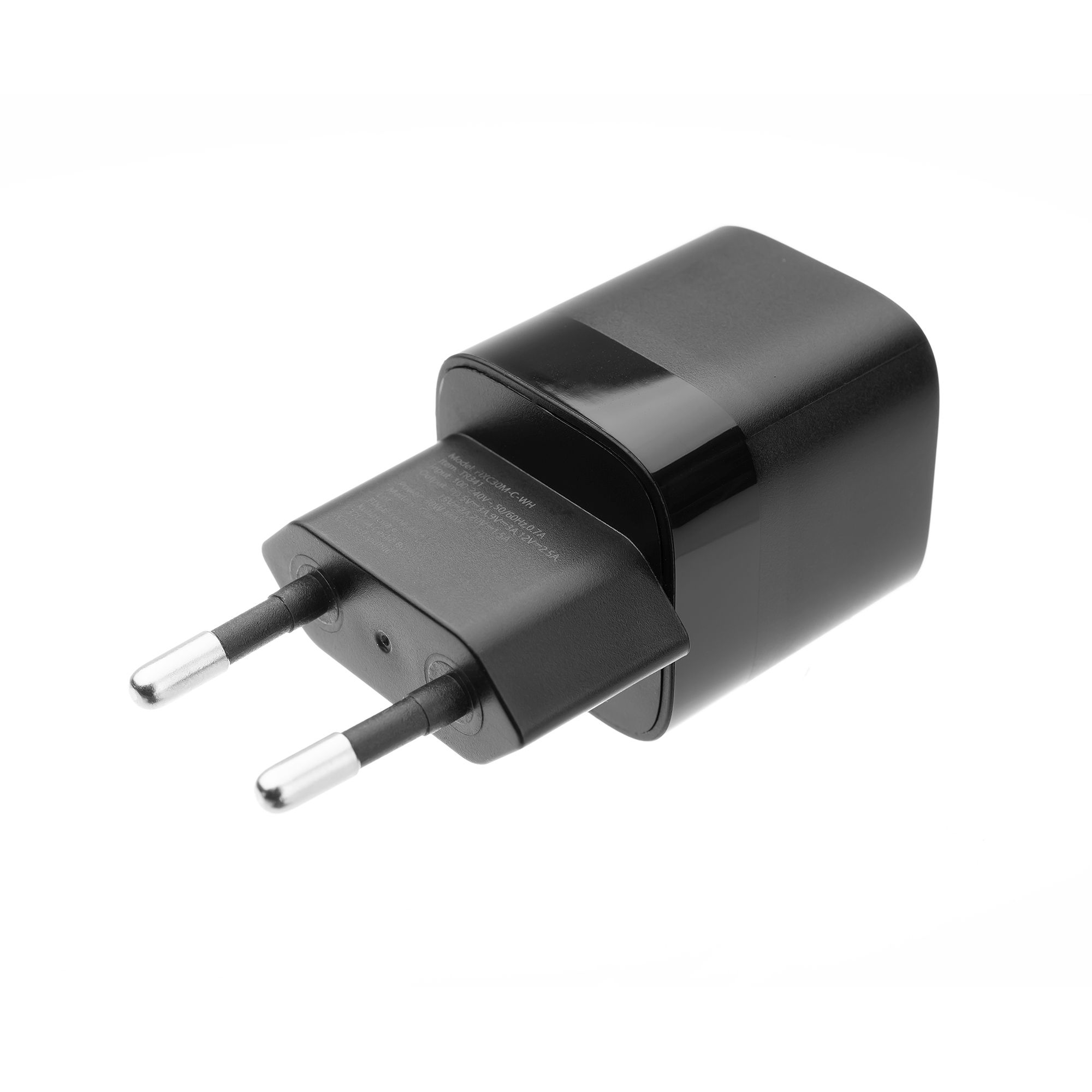 Ein schwarzes Ladegerät mit europäischem Zweistiftstecker auf weißem Hintergrund.