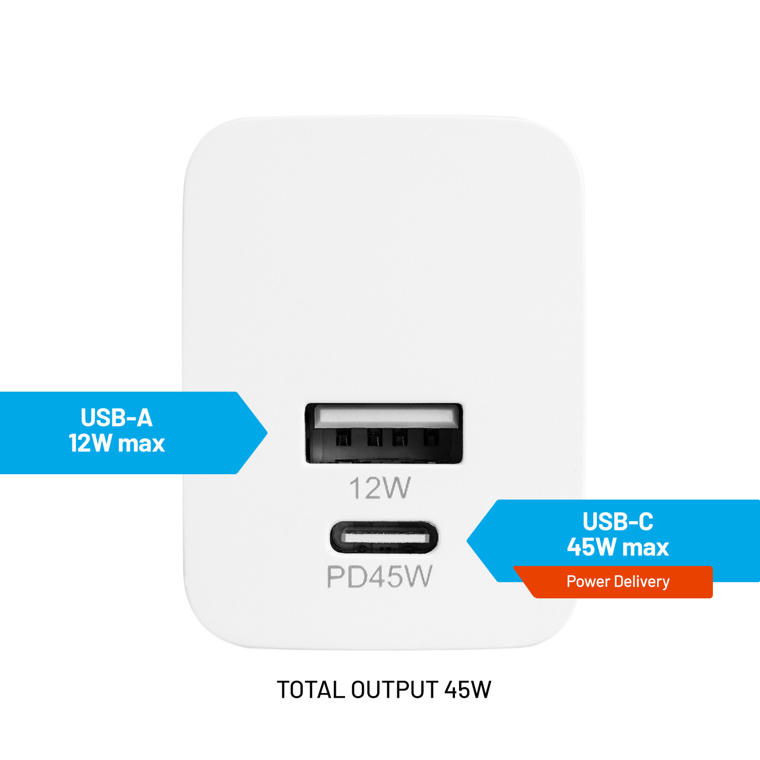 Weißes USB-Ladegerät mit USB-A (12W max) und USB-C (45W Power Delivery) Anschlüssen.
