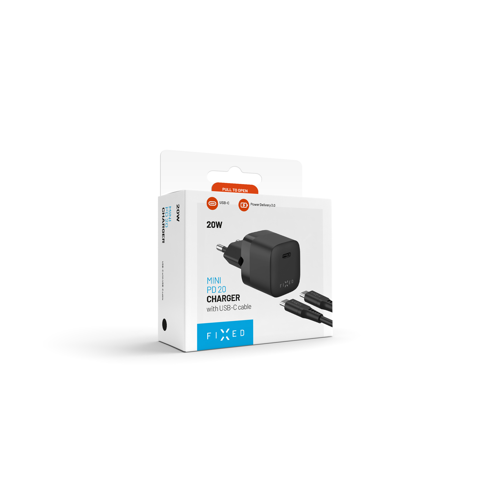 Verpackungsschachtel für ein Fixed 20W Mini-PD-Ladegerät mit USB-C-Kabel vor weißem Hintergrund.