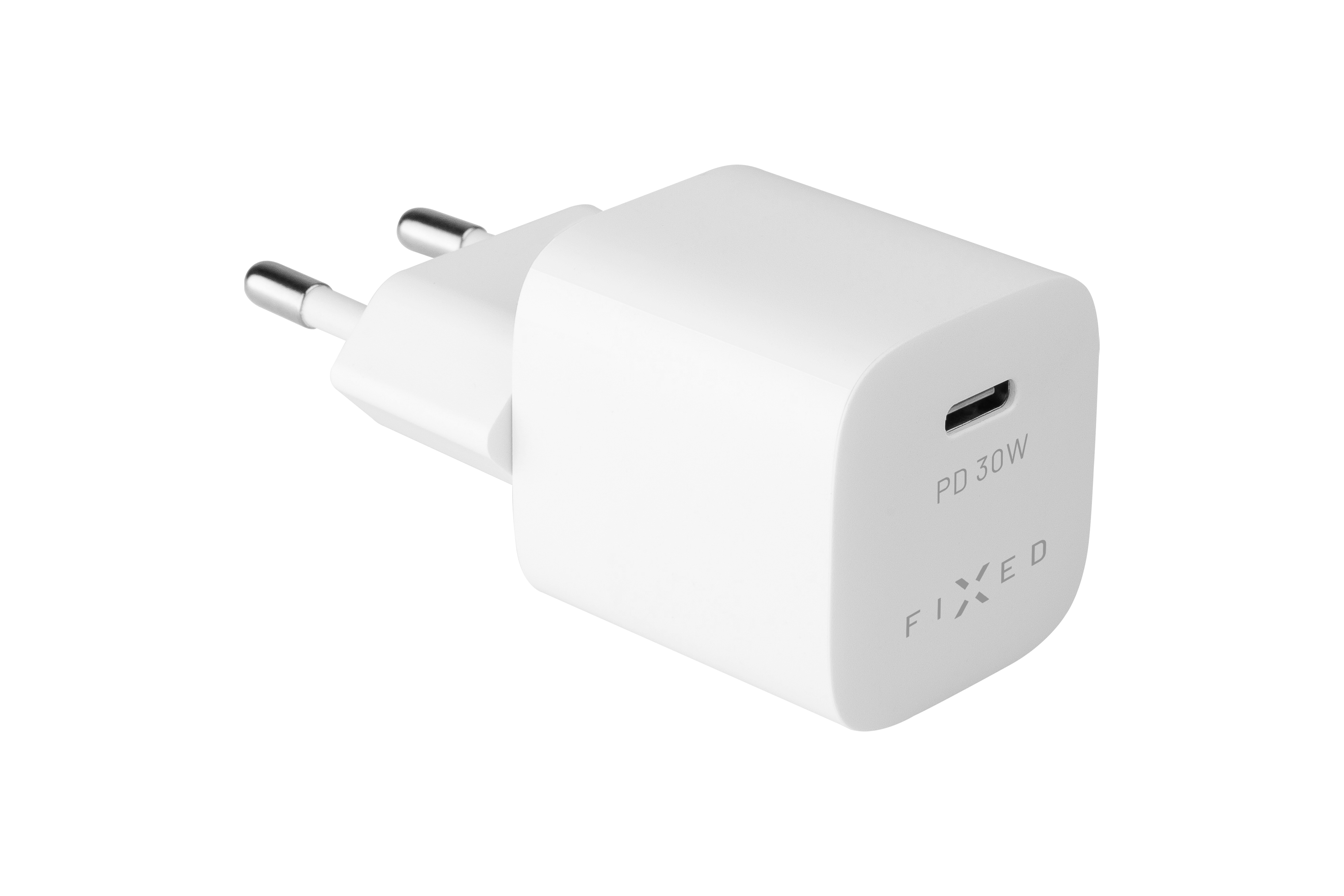 Ein weißer USB-C-Wandladegerät mit EU-Stecker und der Aufschrift PD 30W und FIXED.