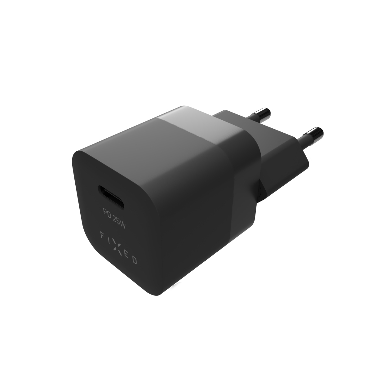 Ein schwarzes USB-C-Wandladegerät mit einem Type-C-Anschluss und Aufschrift auf weißem Hintergrund.