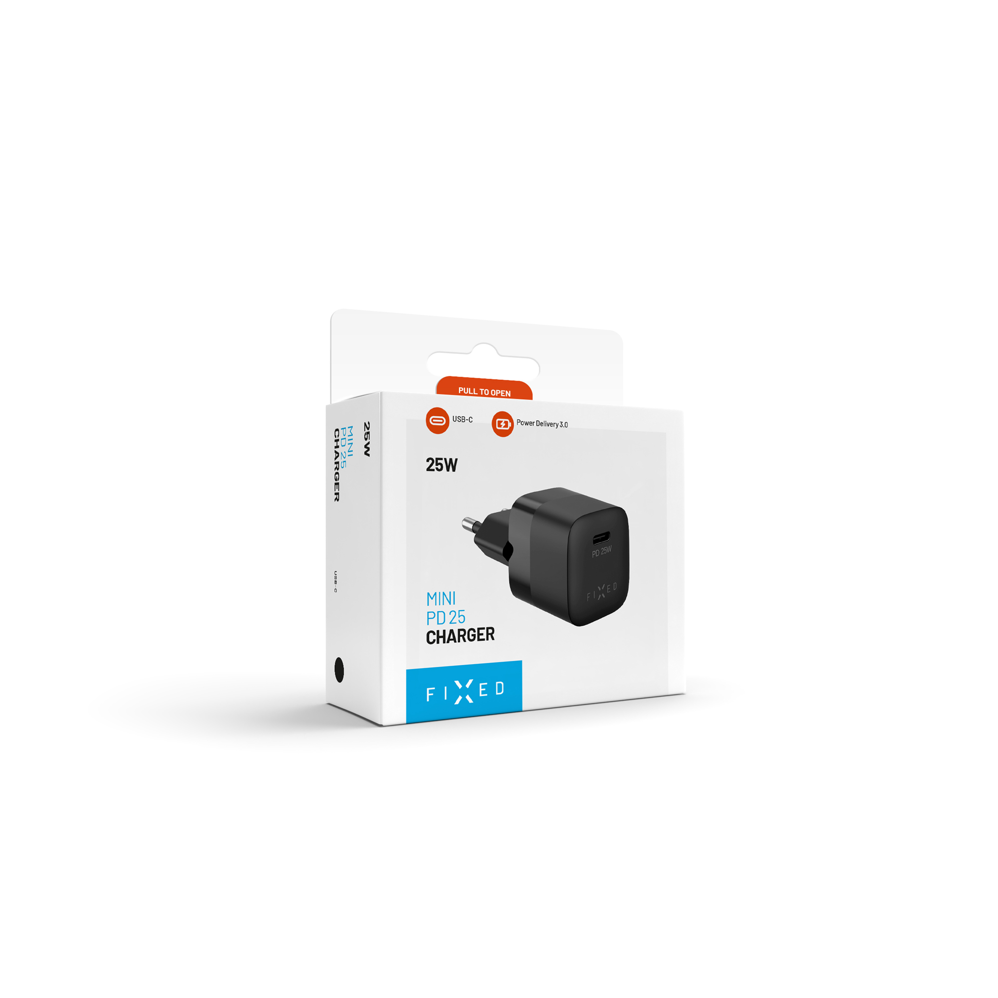 Weiße Produktverpackung für ein schwarzes 25W Mini-PD-Ladegerät von FIXED auf weißem Hintergrund.