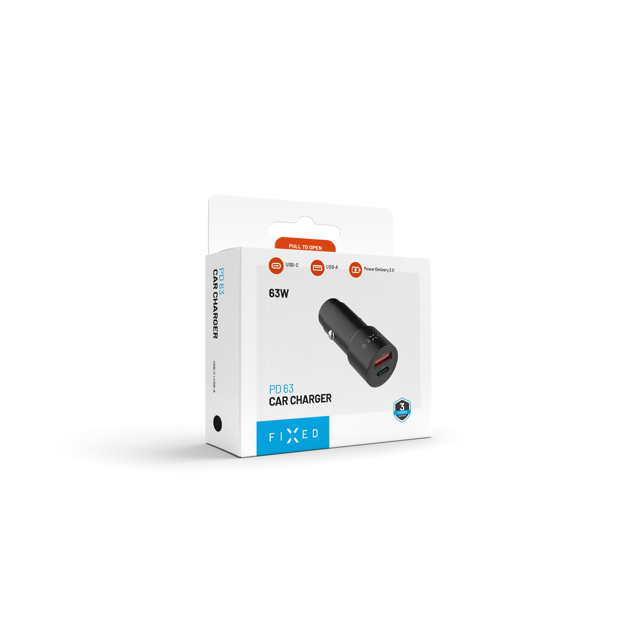 Weiß-blaue Verpackung für das FIXED PD 63 Autoladegerät mit Abbildung des schwarzen Dual-Port-Adapters.