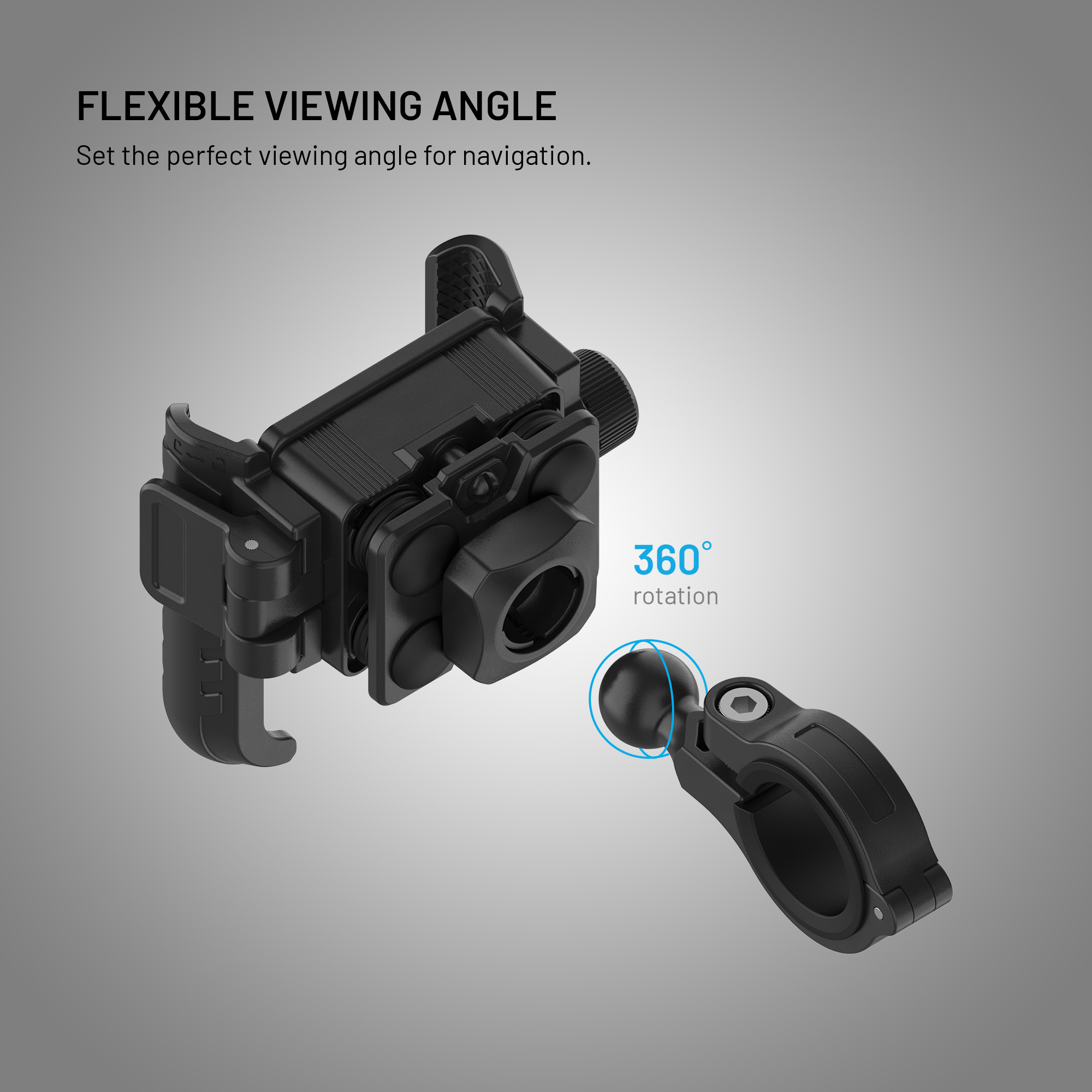 Schwarze Handyhalterung mit 360-Grad-Kugelgelenk für flexible Ausrichtung auf grauem Hintergrund.